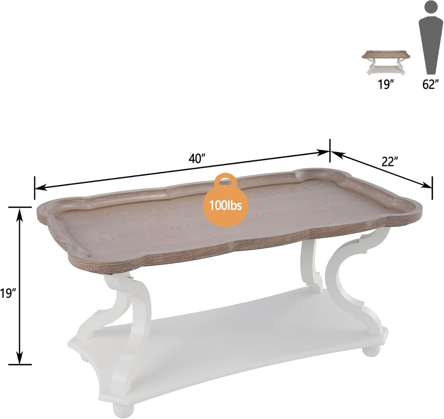 Farmhouse Coffee Table, Rustic White Cocktail Table with Storage Shelf, Sofa Table with Natural Tray Top and Carved Legs for Living Room Furniture Dining Room, Vintage White