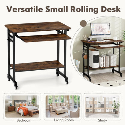 Rolling Computer Desk Cart with Keyboard Tray, Mobile Portable Laptop PC Desk with CPU Stand & 3 Hooks for Sofa & Bed, Industrial Small Desk on Wheels for Small Spaces, Home Office Desk