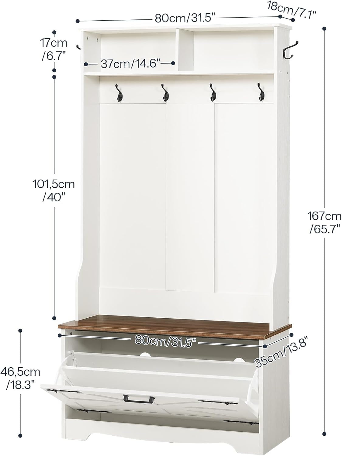 Hall Tree with Bench, Entryway Bench with Coat Rack and Shoe Cabinet, Flip Drawers, Farmhouse Hall Tree with Shoe Organizer, Mud Room, White and Walnut WH85MT01