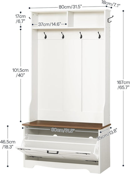 Hall Tree with Bench, Entryway Bench with Coat Rack and Shoe Cabinet, Flip Drawers, Farmhouse Hall Tree with Shoe Organizer, Mud Room, White and Walnut WH85MT01