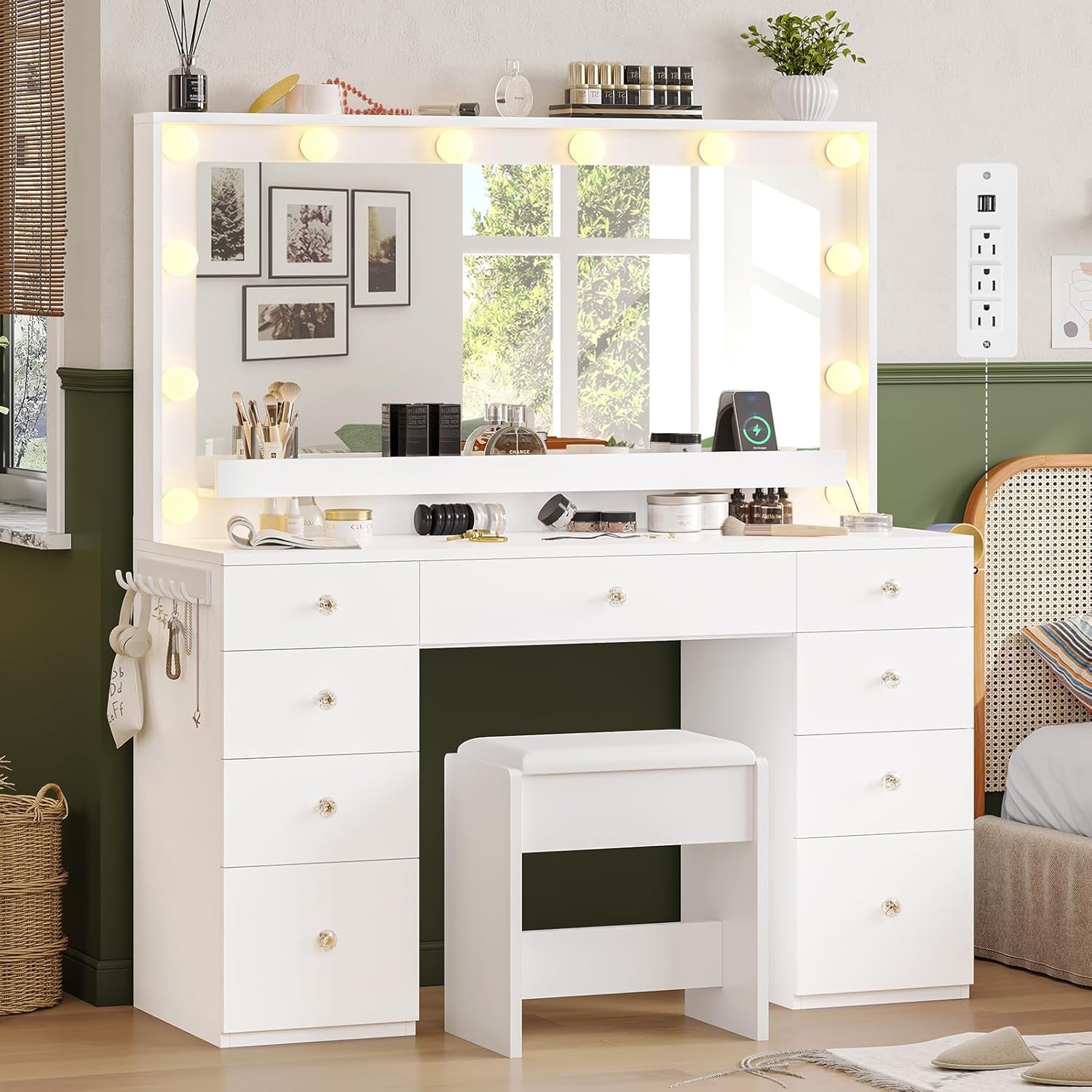 Makeup Vanity Desk with Large Lighted Mirror and 9 Drawers, Large Vanity Desk with Storage Rack, Hook, Crystal Handle, White Bedroom Dressing Table Set with Charging Station, Lights Adjustable