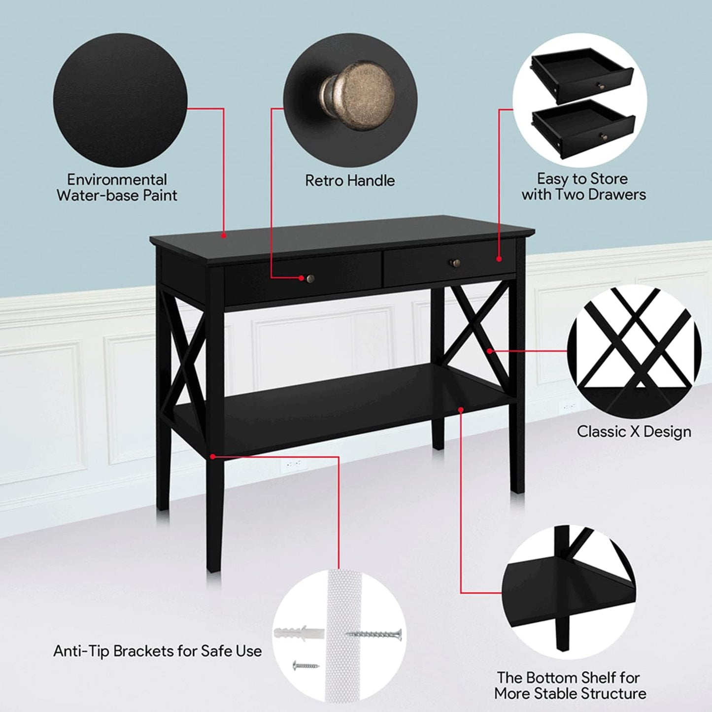 Console Table with Drawers, Narrow Wood Accent Sofa Table Entryway Table with Storage Shelf for Entryway, Front Hall, Hallway, Living Room, Black