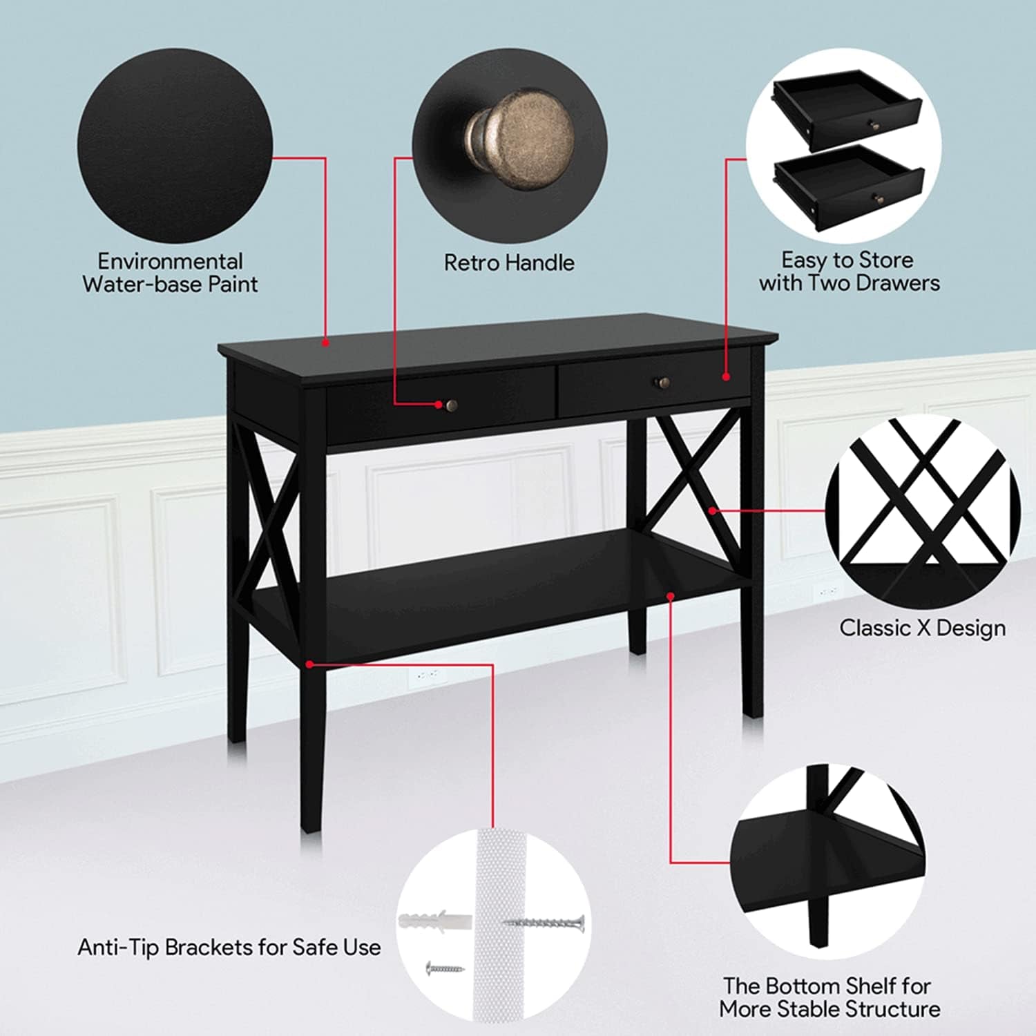 Console Table with Drawers, Narrow Wood Accent Sofa Table Entryway Table with Storage Shelf for Entryway, Front Hall, Hallway, Living Room, Black