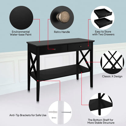Console Table with Drawers, Narrow Wood Accent Sofa Table Entryway Table with Storage Shelf for Entryway, Front Hall, Hallway, Living Room, Black