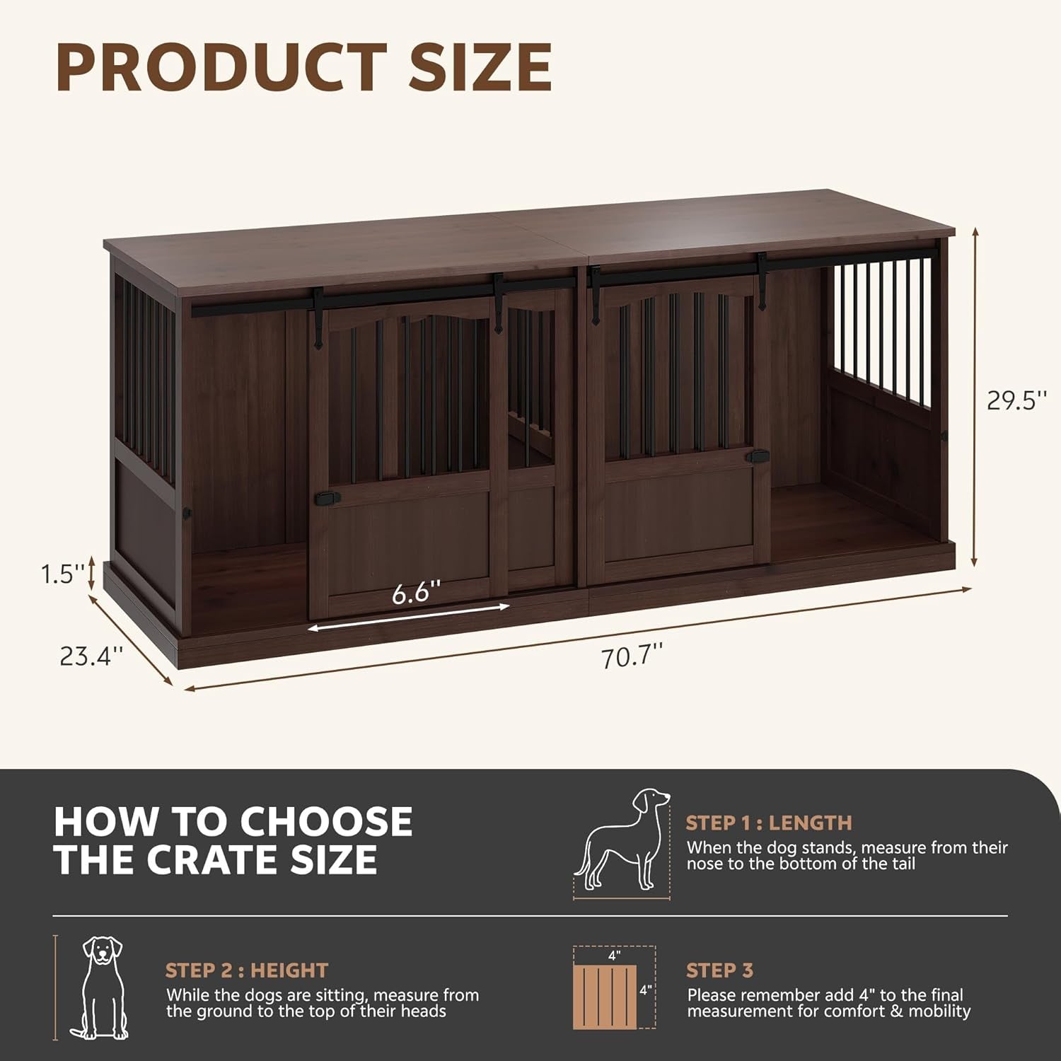70.86" Double Dog Crate Furniture for 2 Medium Large Dogs Wooden Heavy Duty Dog Kennel Furniture with 2 Sliding Doors and Divider Decorative Dog Cage TV Stand End Table for Indoor Brown