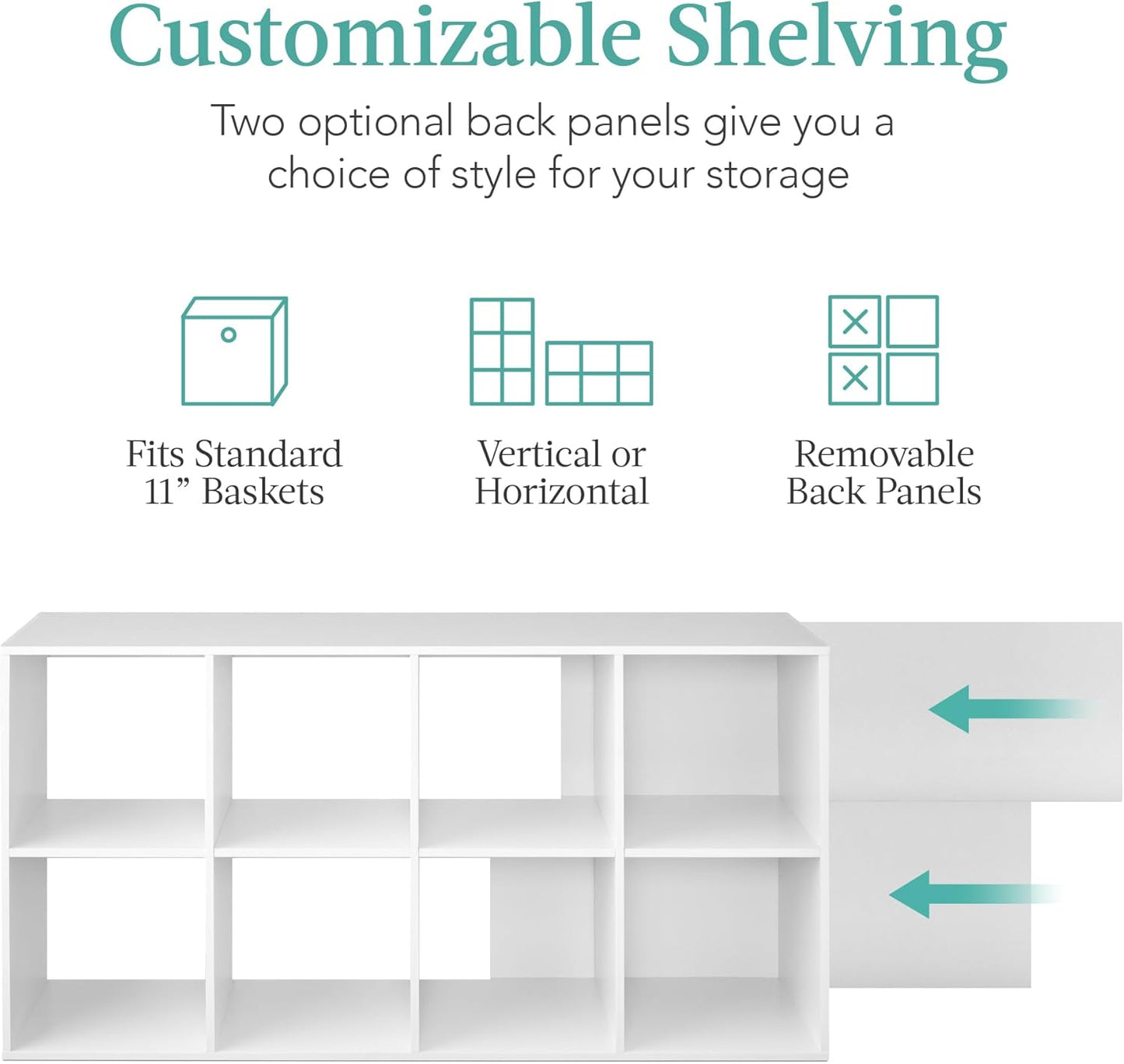 8-Cube Storage Organizer, 11In Shelf Opening, Bookcase, Display Shelf, Customizable W/ 3 Removable Back Panels – White
