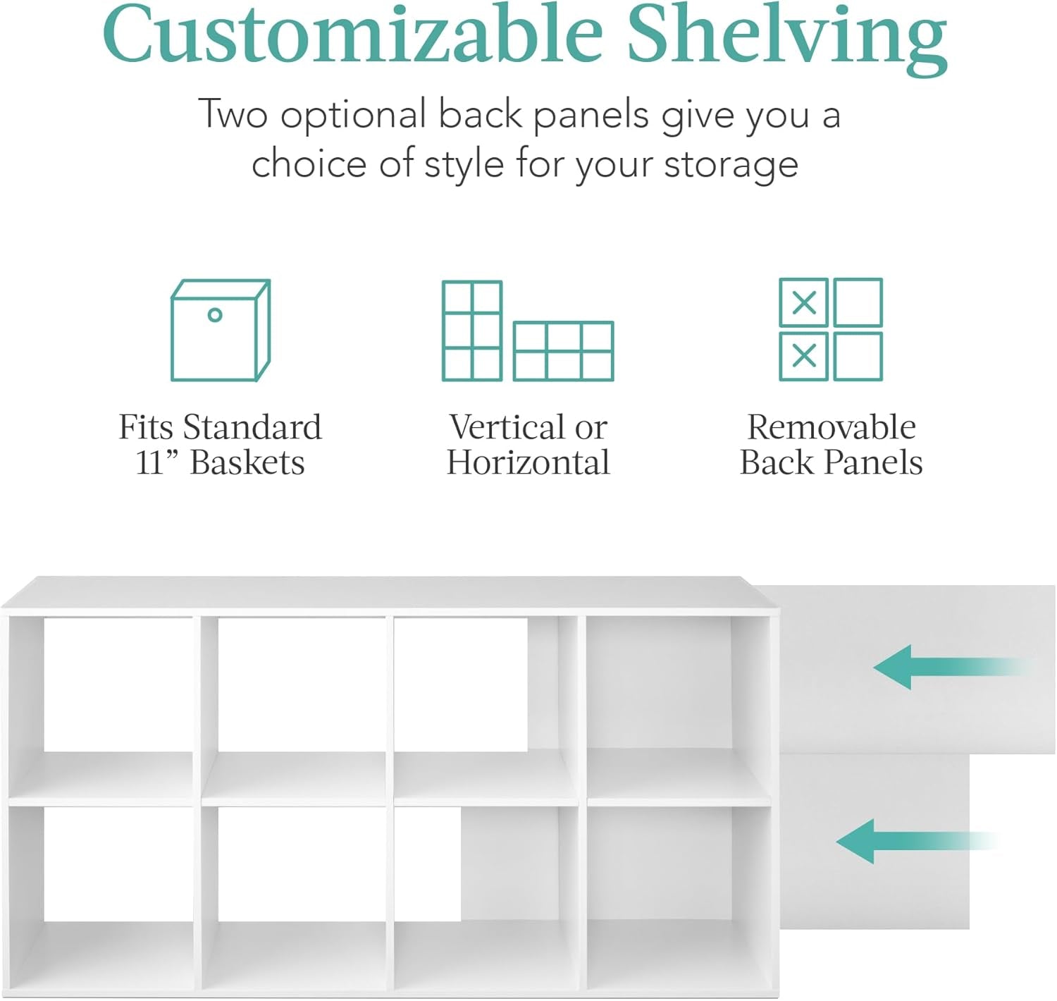 8-Cube Storage Organizer, 11In Shelf Opening, Bookcase, Display Shelf, Customizable W/ 3 Removable Back Panels – White