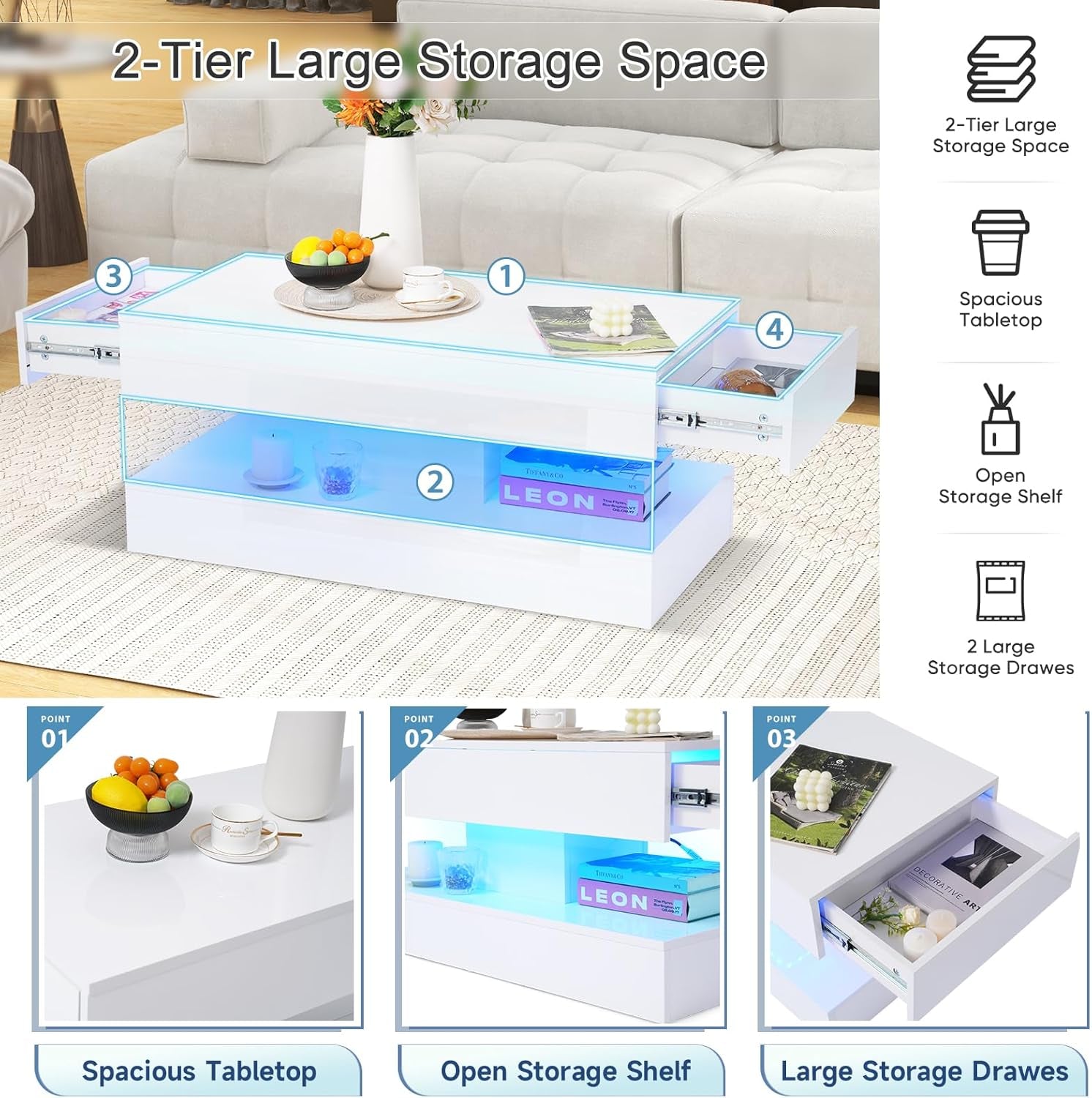 Modern High Gloss LED Coffee Table with Storage, 2-Tier Center Table with Open Display Shelf & 2 Sliding Drawers, Rectangle Coffee Tables for Living Room, Bedroom