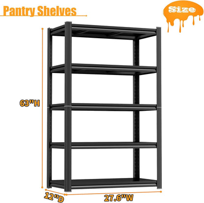 77.4" H Kitchen Shelving, Kitchen Storage Organization Metal Shelves Loads 2000LBS, Pantry Shelving Unit, 5-Tier Racks for Storage, Coffee Machine Storage Shelf Stand, Black