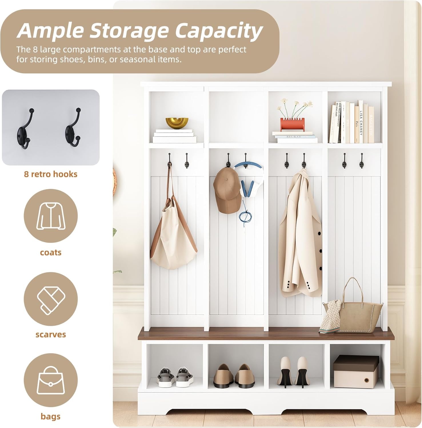 Farmhouse Hall Tree with 8 Hooks,Entryway Cabinet W/Bench,Multi-Functional Coat Rack W/4 Storage Unit and 4 Shoe Cabinet,Entryway Cabinets for Hallway,Living Room,Mudroom,White