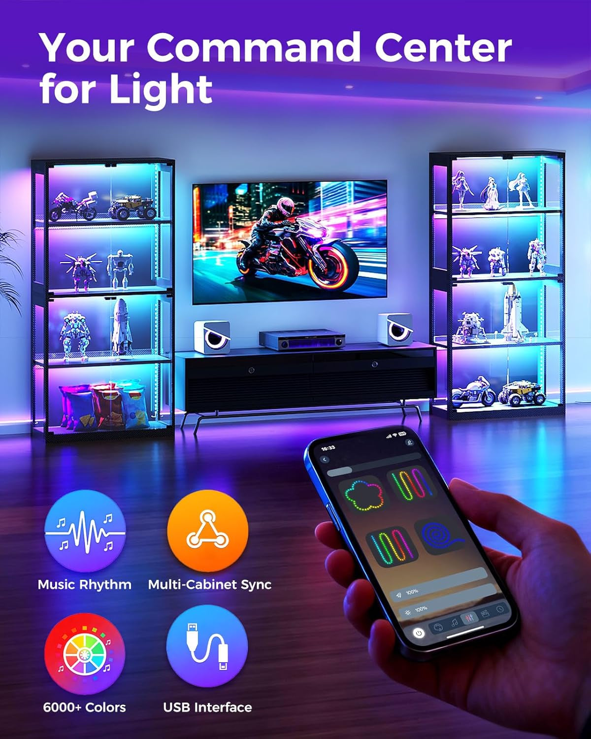 Display Cabinet with RGB Lights, 4-Tier Display Case with Glass Doors and Storage Shelves, Glass Cabinet Shelf for Collectibles and Gamers, Black Curio Cabinet for Game Room