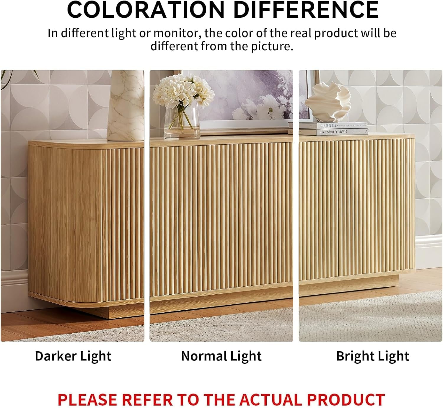 64" Sideboard Buffet Cabinet with Storage, Wooden Fluted Storage Cabinet Sideboard with Adjustable Shelves Pressed Spring for Kitchen Living Room (Natural Oak)