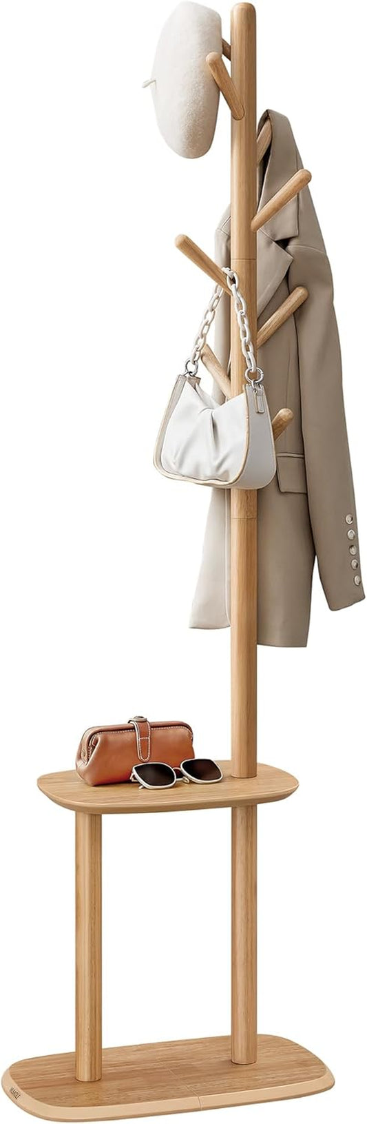 Coat Rack, Free Standing Coat Stand, Hall Coat Tree with 8 Hooks and Storage Shelf, 67.2 Inch Tall, for Coats, Hats, Bags, for Entryway, Hallway, Bedroom, Natural Beige URCR040N02