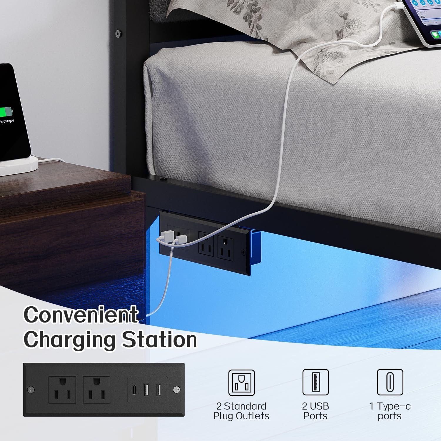 Full Bed Frame with Headboard Metal Platform Bed Full Size with USB Charging Station and LED Lights, No Box Spring Needed