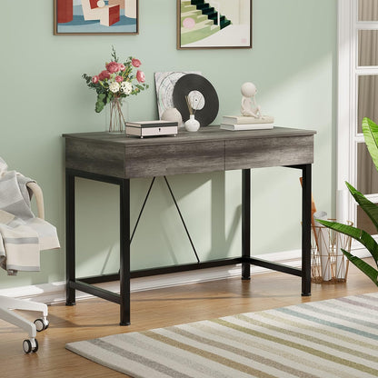 40Inch Small Desk with 2 Wooden Drawers,Vanity Desks for Home Office with Storage, Simple Computer Desk for Small Space,Desk for Bedroom, Modern Writing Work Kids Study Desk Table, Grey Oak