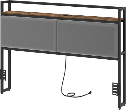 King Size Headboard Only, Upholstered King Headboard with Charging Station, Head Board with Open Storage, Height Adjustable, Vintage Style, Sturdy and Stable, Rustic Brown, Gray and Black