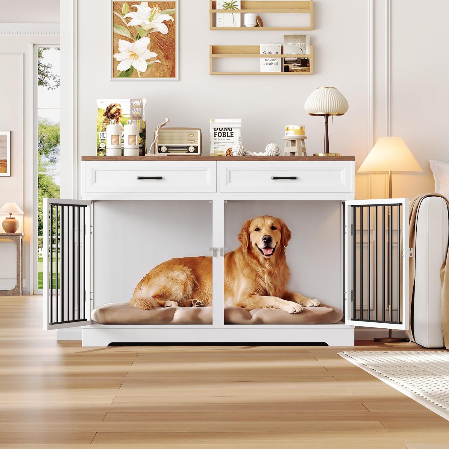 Dog Crate Furniture 47" Wooden Dog Kennels for Dogs Indoor with a Removable Divider for Large/Medium/Small Dogs, 2 Storage Drawers and Large Tabletop Dog Cages Double Doors Dog House, White