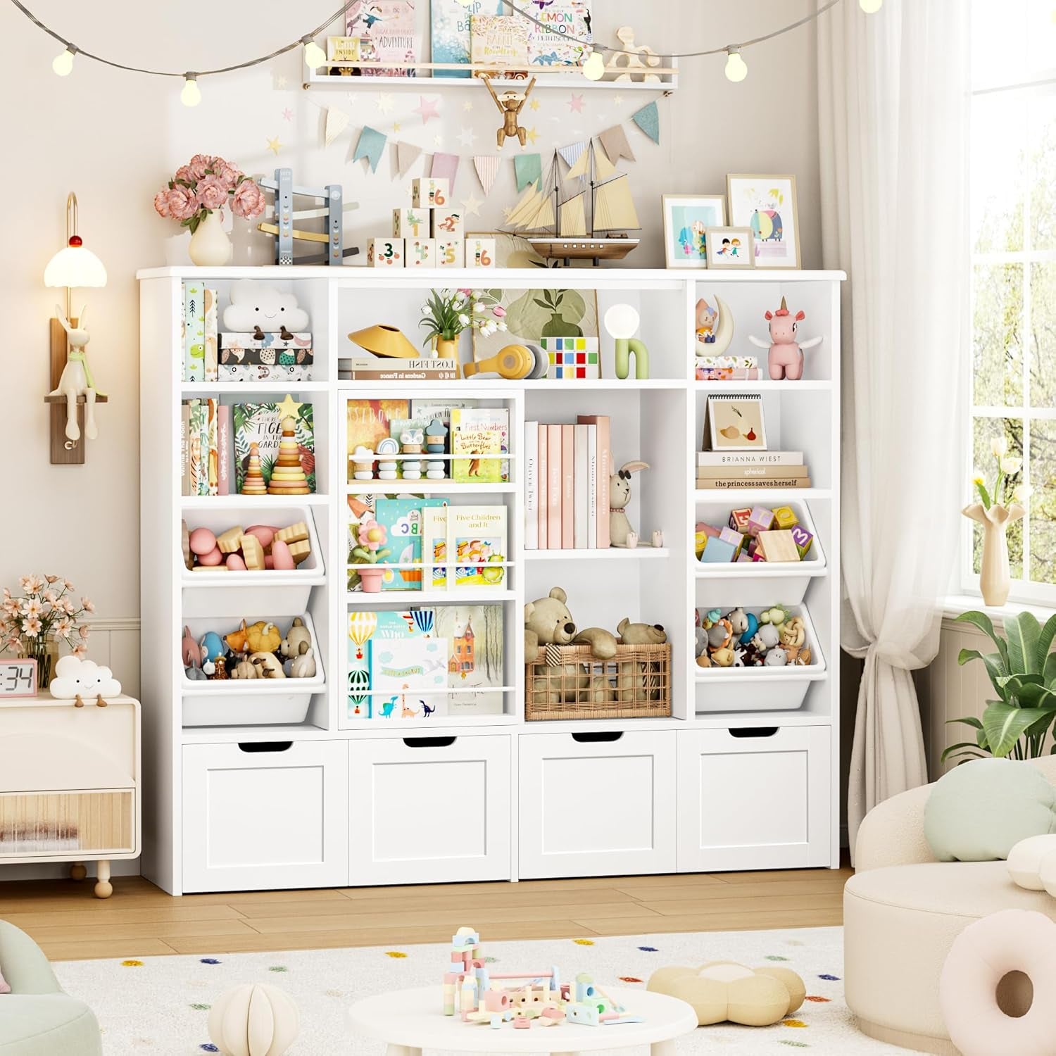 55.1’’ W Toy Storage with Sliding Bookshelf, Large Toy Organizer Kids Bookshelf with 4 Movable Drawers and 4 Storage Bins, Toy Bins for Kids Organizer Playroom Storage for Kid Room, White