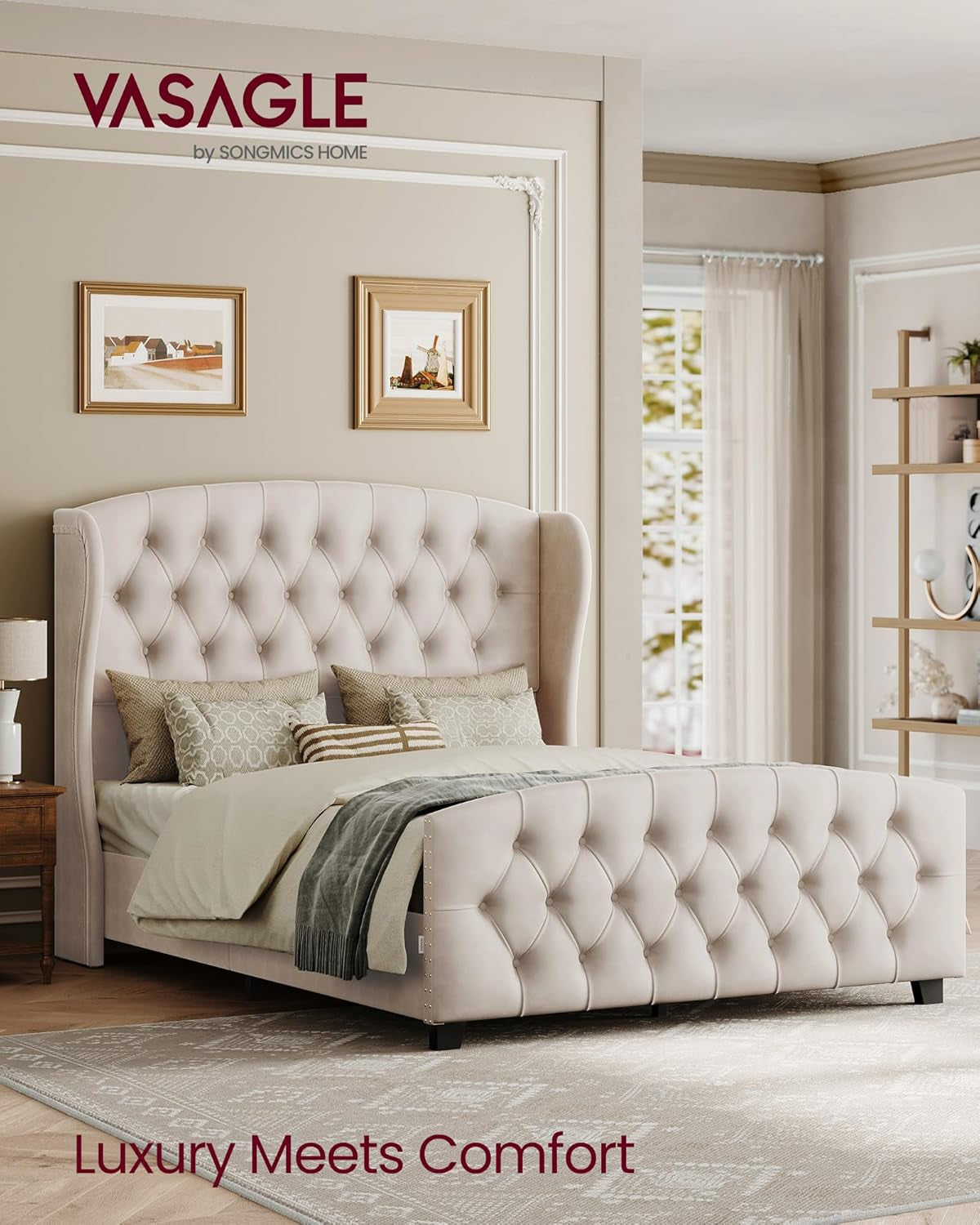 Queen Bed Frame with Tall Headboard, Upholstered Platform Bed Frame Queen Size, with Wingback Tufted Headboard and Footboard, Wooden Slats, No Box Spring Needed, Cappuccino Beige URMB881W01