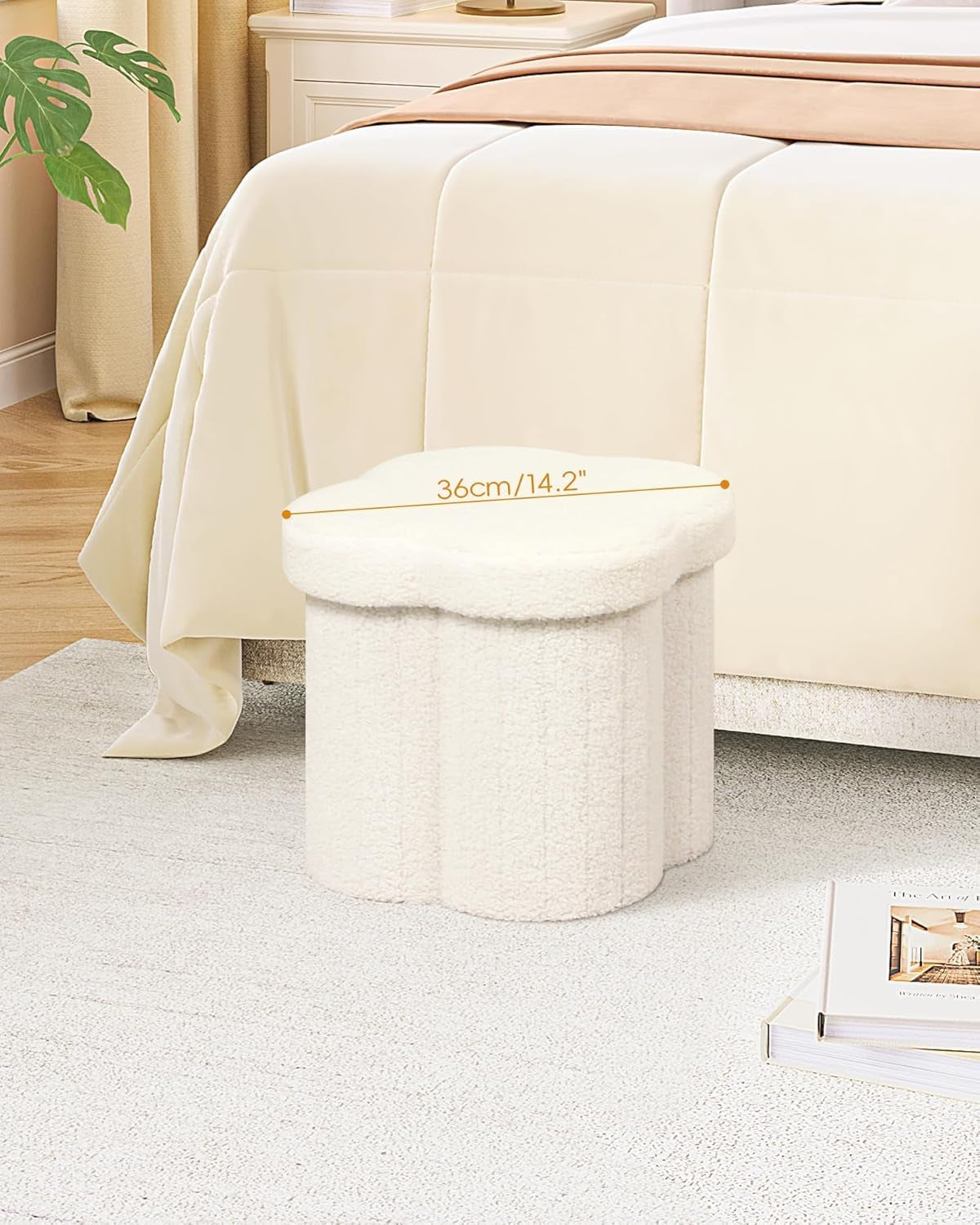 Storage Ottoman Cube, Flowers Shaped Ottomans with Storage Foot Stool Footrest for Lving Room, Boucle Ottoman Seat for Dorm Room,Faux Teddy Fur,White 12.6"X12.6"X12.6"