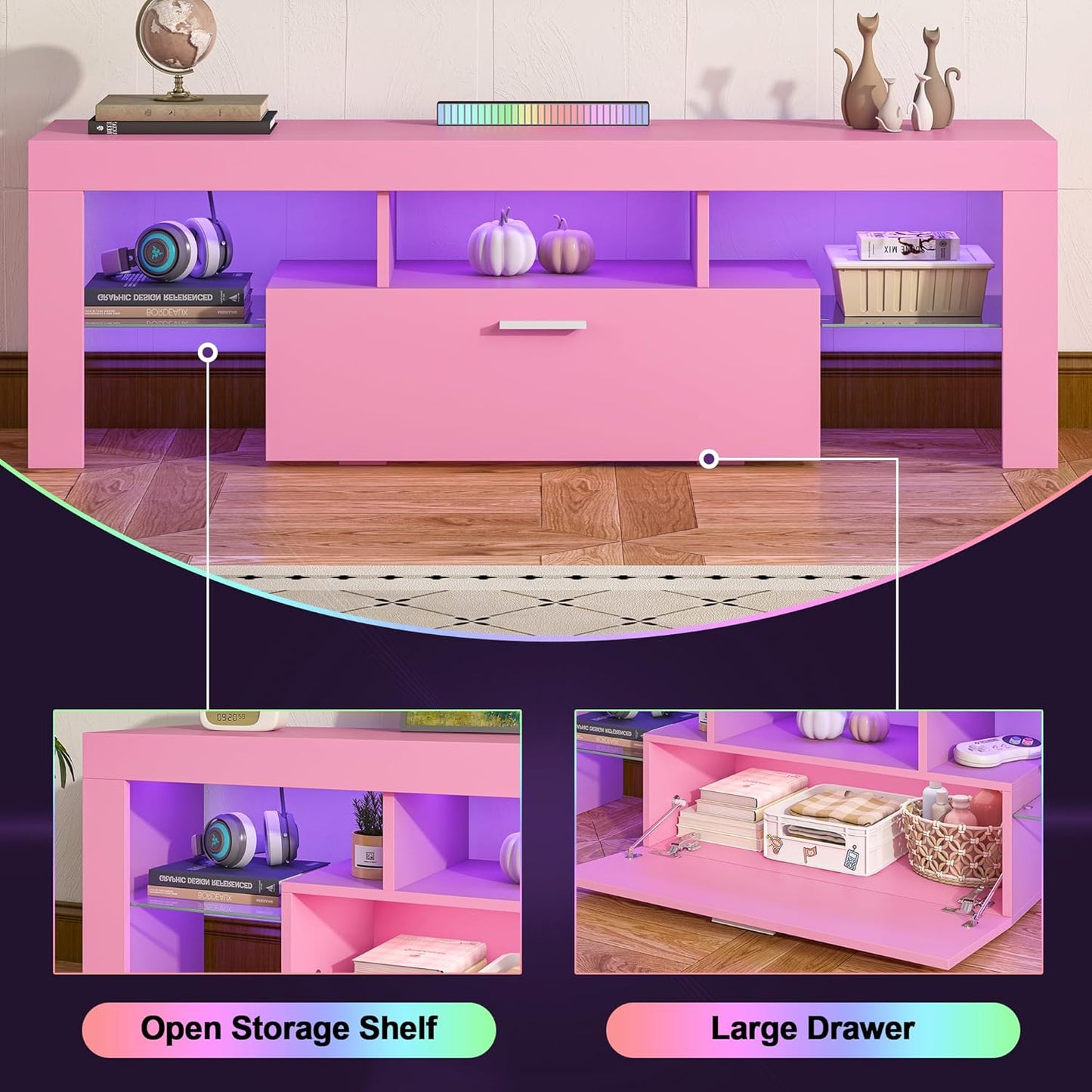 Modern Lighting 51 Inch TV Stand with Large Storage Drawer for 32 40 50 55 Inch Tvs, TV Console with 20 Color LED Lights, Entertainment Center Media and Open Shelf for Bedroom, Pink