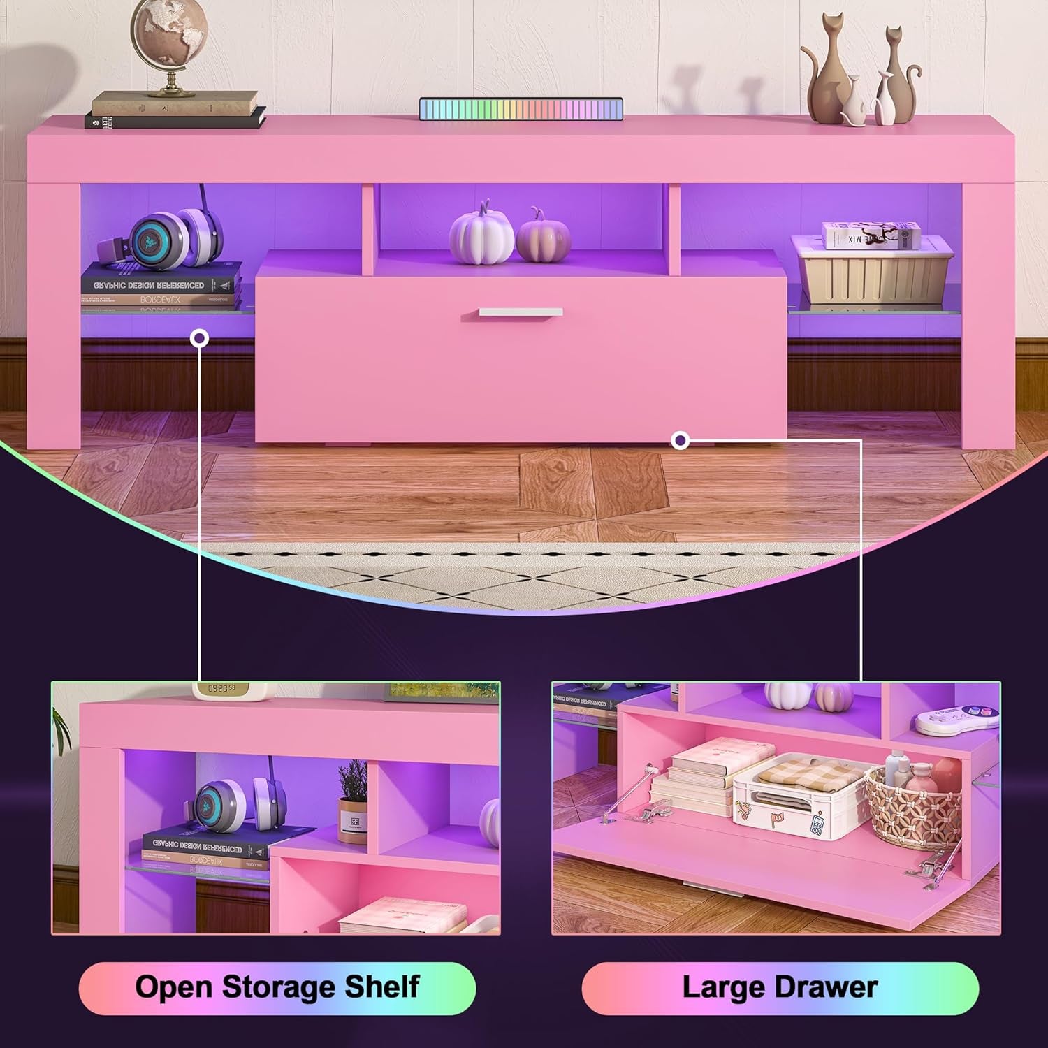 Modern Lighting 51 Inch TV Stand with Large Storage Drawer for 32 40 50 55 Inch Tvs, TV Console with 20 Color LED Lights, Entertainment Center Media and Open Shelf for Bedroom, Pink
