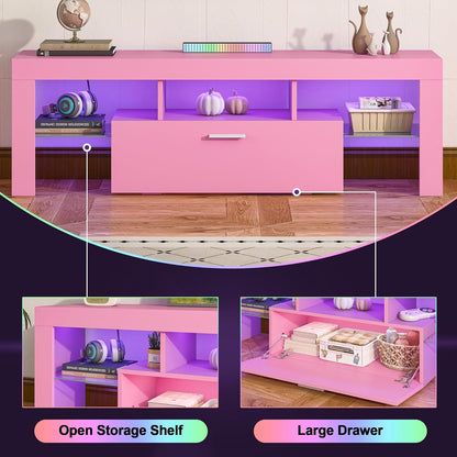 Modern Lighting 51 Inch TV Stand with Large Storage Drawer for 32 40 50 55 Inch Tvs, TV Console with 20 Color LED Lights, Entertainment Center Media and Open Shelf for Bedroom, Pink