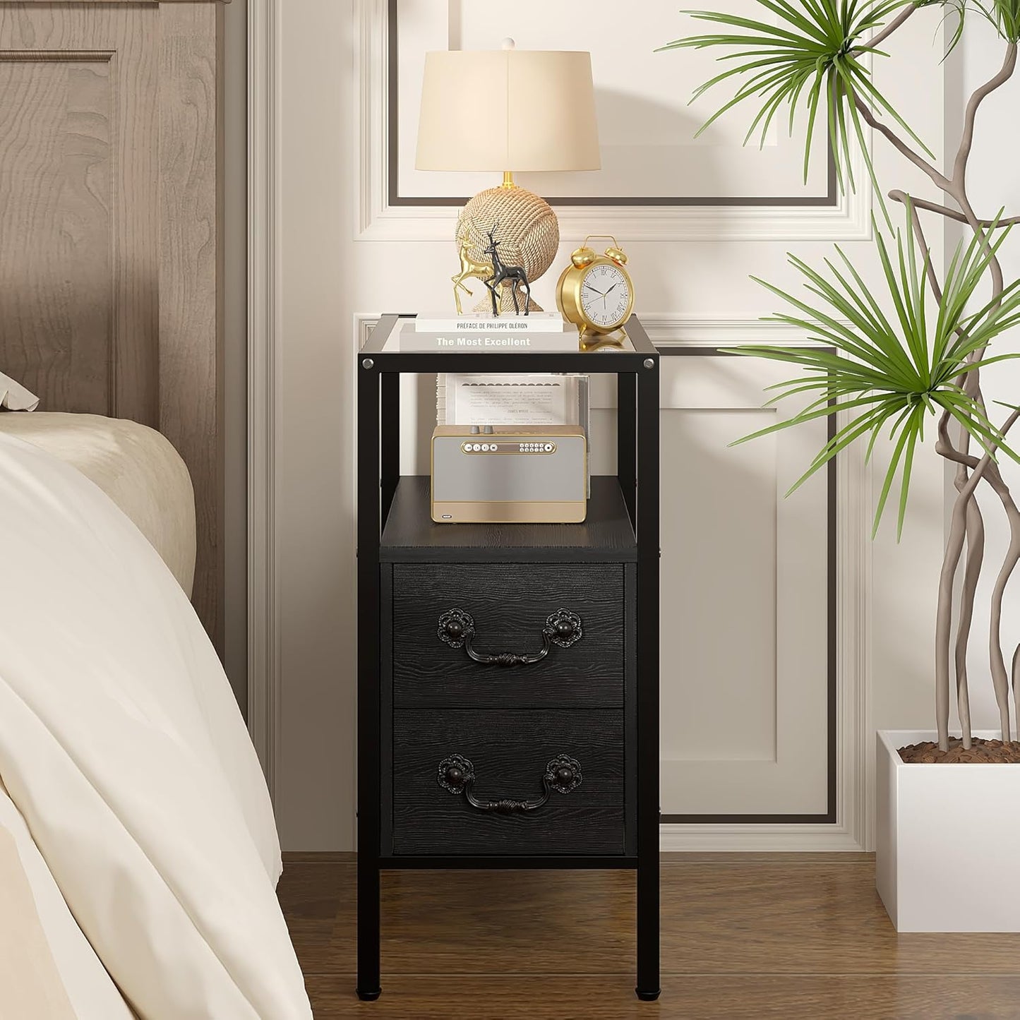 Narrow Side Table, Night Stand Sofa Table with Glass Top,Bedside End Tables with Storage Drawers,Wood Nightstand for Small Spaces Living Room Bedroom,Black