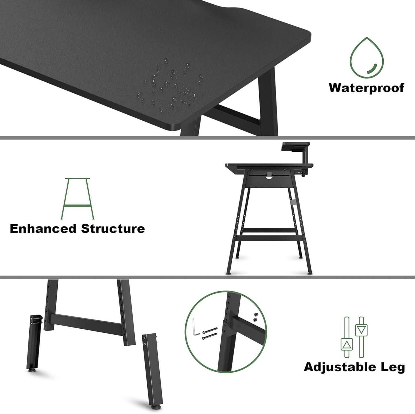 Height Adjustable Computer Desk - 47" Gaming Desk, Small Home Office Desk with Monitor Stand, Modern Simple Table Study Writing Work, Living Room Home Bedroom PC Table, Metal Frame, Black