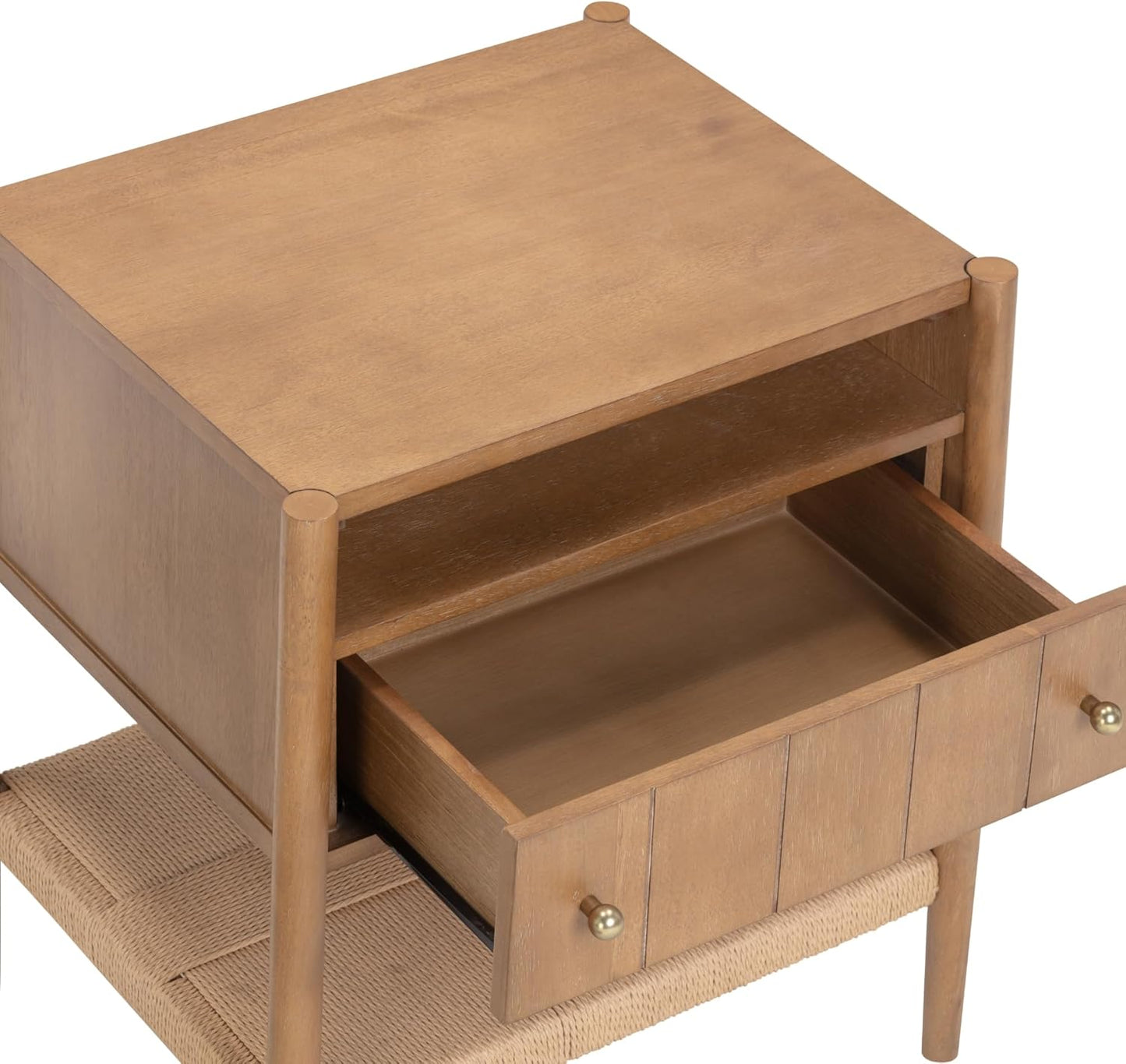 Meads Wood Nightstand with Drawer, Vintage Nightstand with Seagrass Storage and Brass Handles, Light Brown