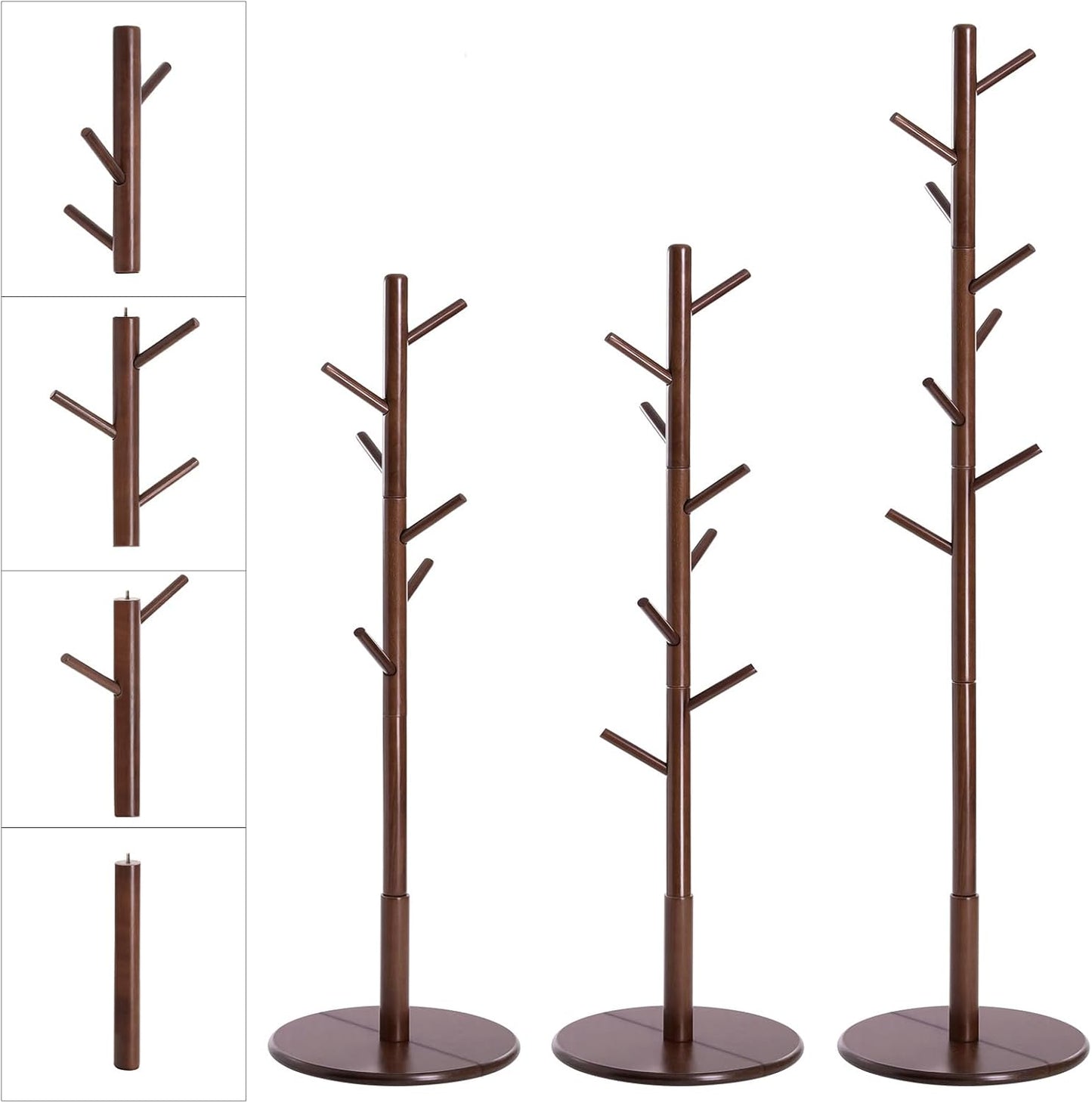 Solid Wood Coat Rack, Free Standing Hall Coat Tree with 8 Hooks, 3 Height Options, for Coats, Hats, Bags, Purses, for Entryway, Hallway, Rubberwood Hooks and Pole, Natural Beige URCR010N01