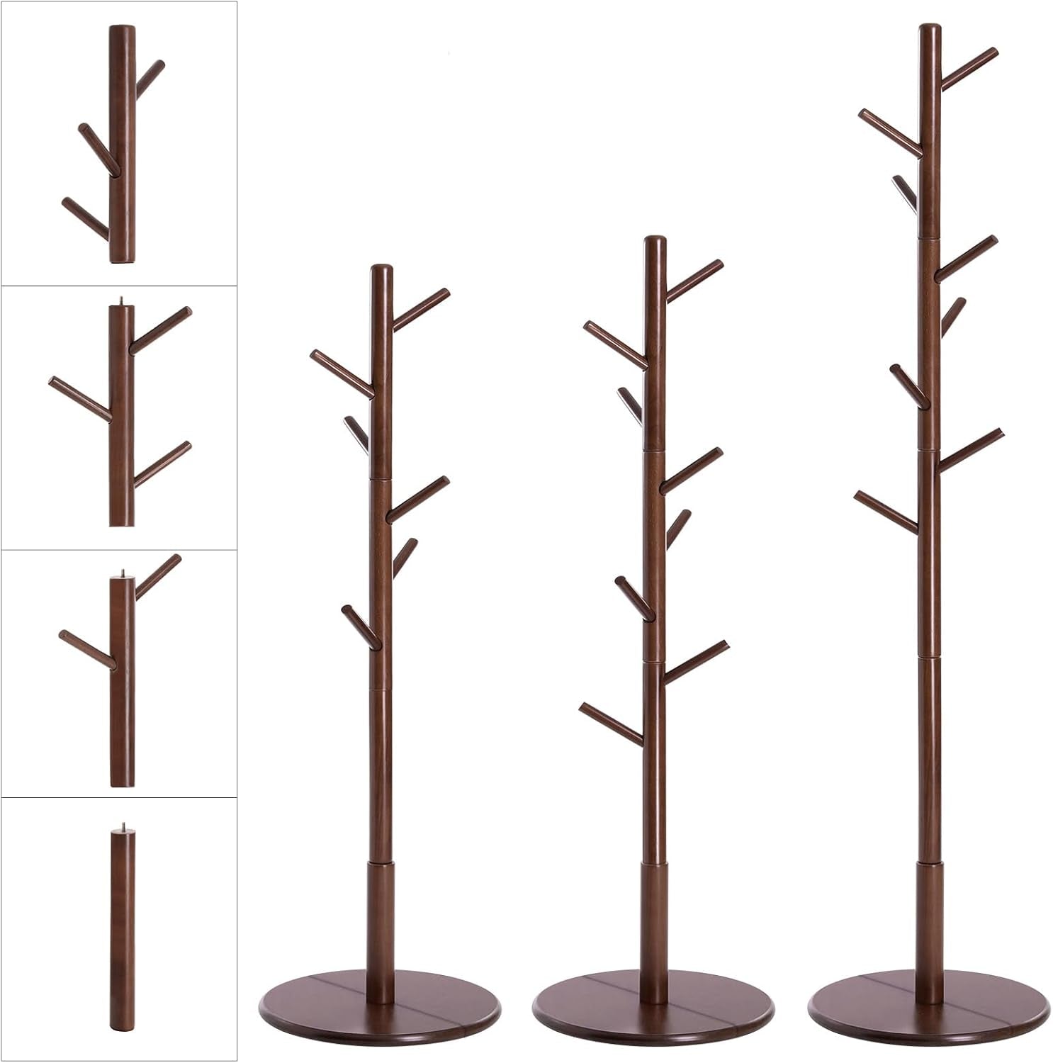 Solid Wood Coat Rack, Free Standing Hall Coat Tree with 8 Hooks, 3 Height Options, for Coats, Hats, Bags, Purses, for Entryway, Hallway, Rubberwood Hooks and Pole, Ink Black URCR010B01