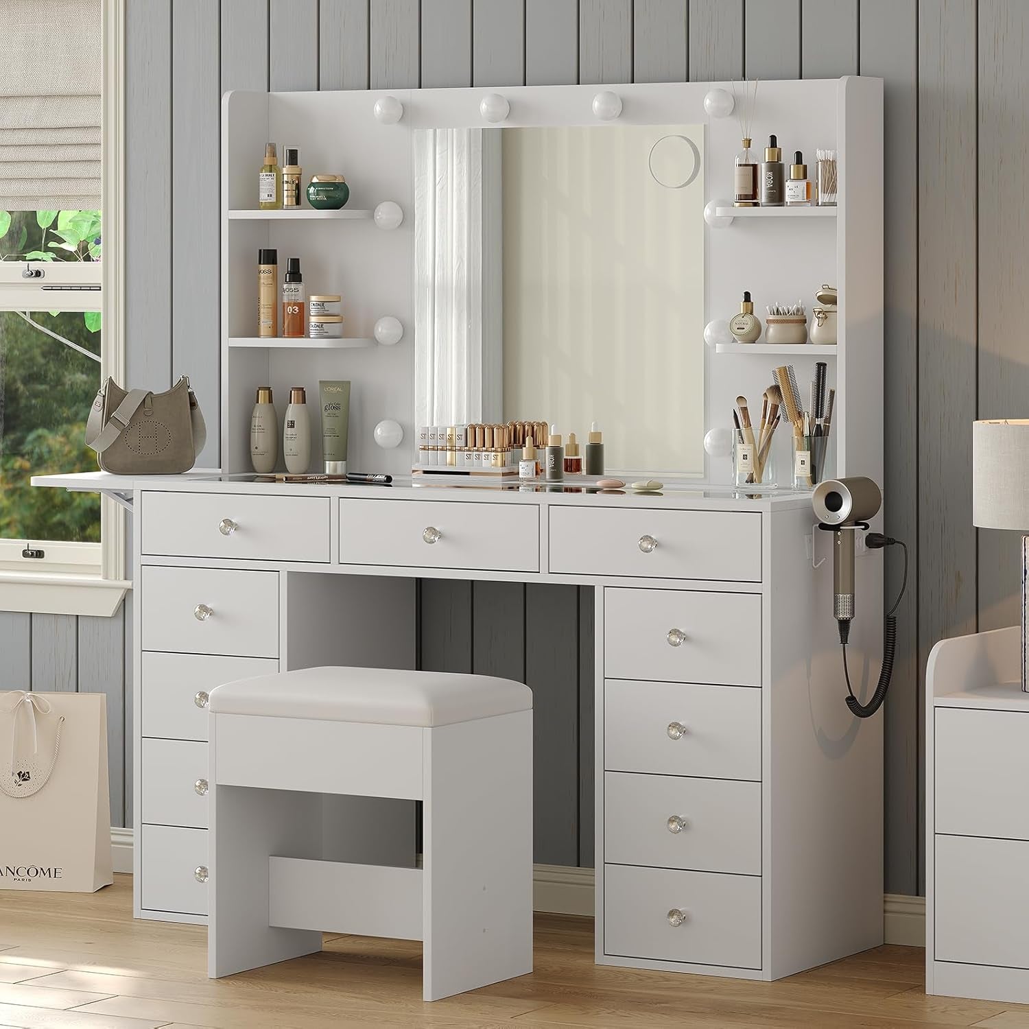 Vanity Desk with Power Outlet, 47'' W Makeup Table with Mirror and 12 LED Lights, 3 Color Lighting Modes, 11 Drawers Makeup Vanity with 4 Shelves, Fold-Up Panel, Glass Top, Vanity Set for Bedroom