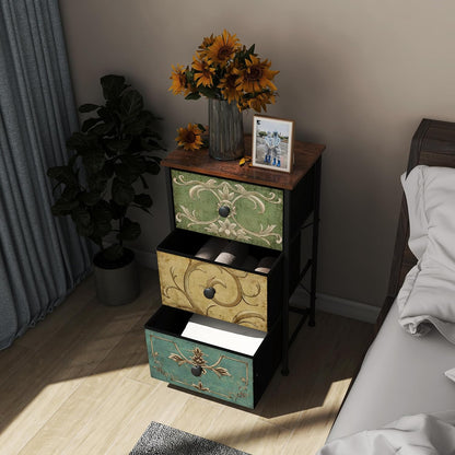 Small Dresser for Bedroom with Retro Flower Narrow Drawers Slim Chest of Drawers Skinny Nightstand Sofa End Table for Living Room Entryway Closet Storage (Multi, 3 Drawers)