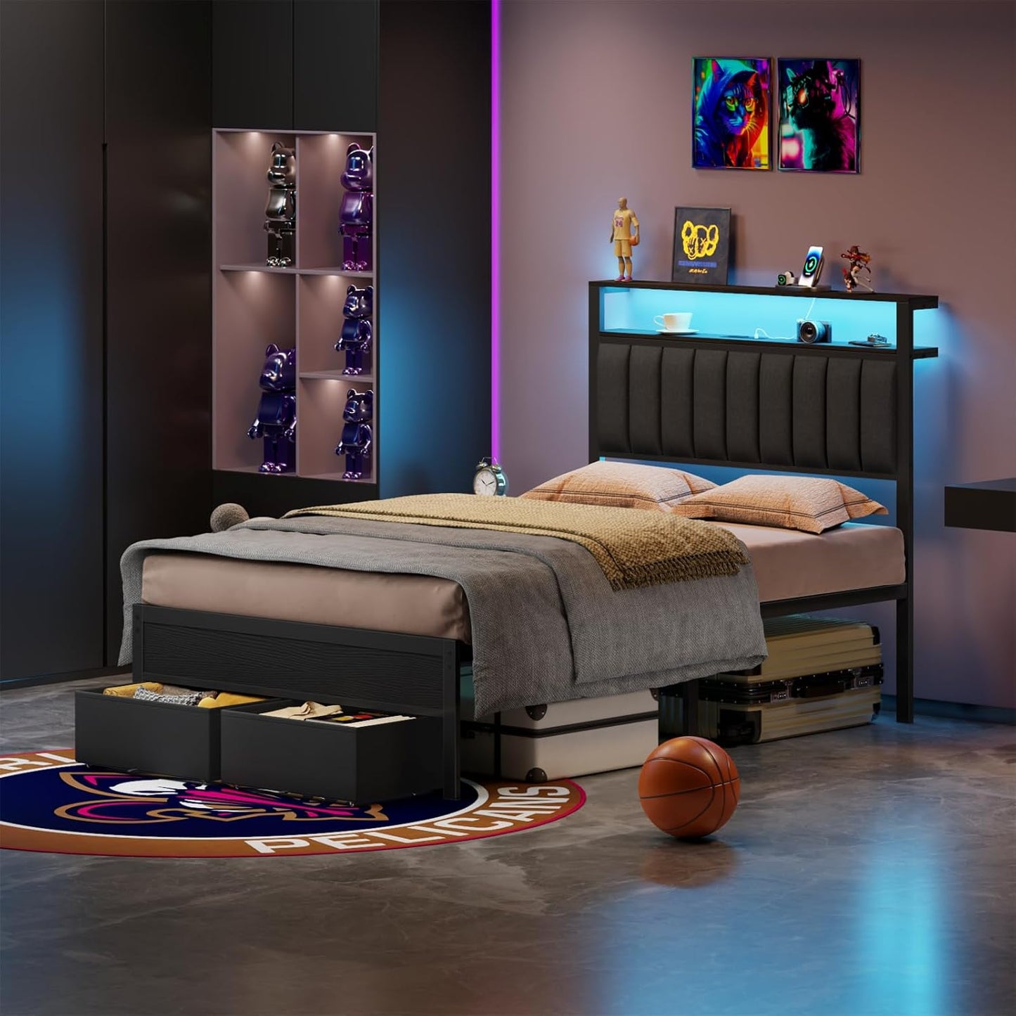 Full Size Bed Frame with Charging Station and LED Lights, Grey Upholstered Headboard with Shelves, Metal Platform Bed with 2 Under-Bed Storage (Fabric Drawer on Wheels), No Box Spring Needed