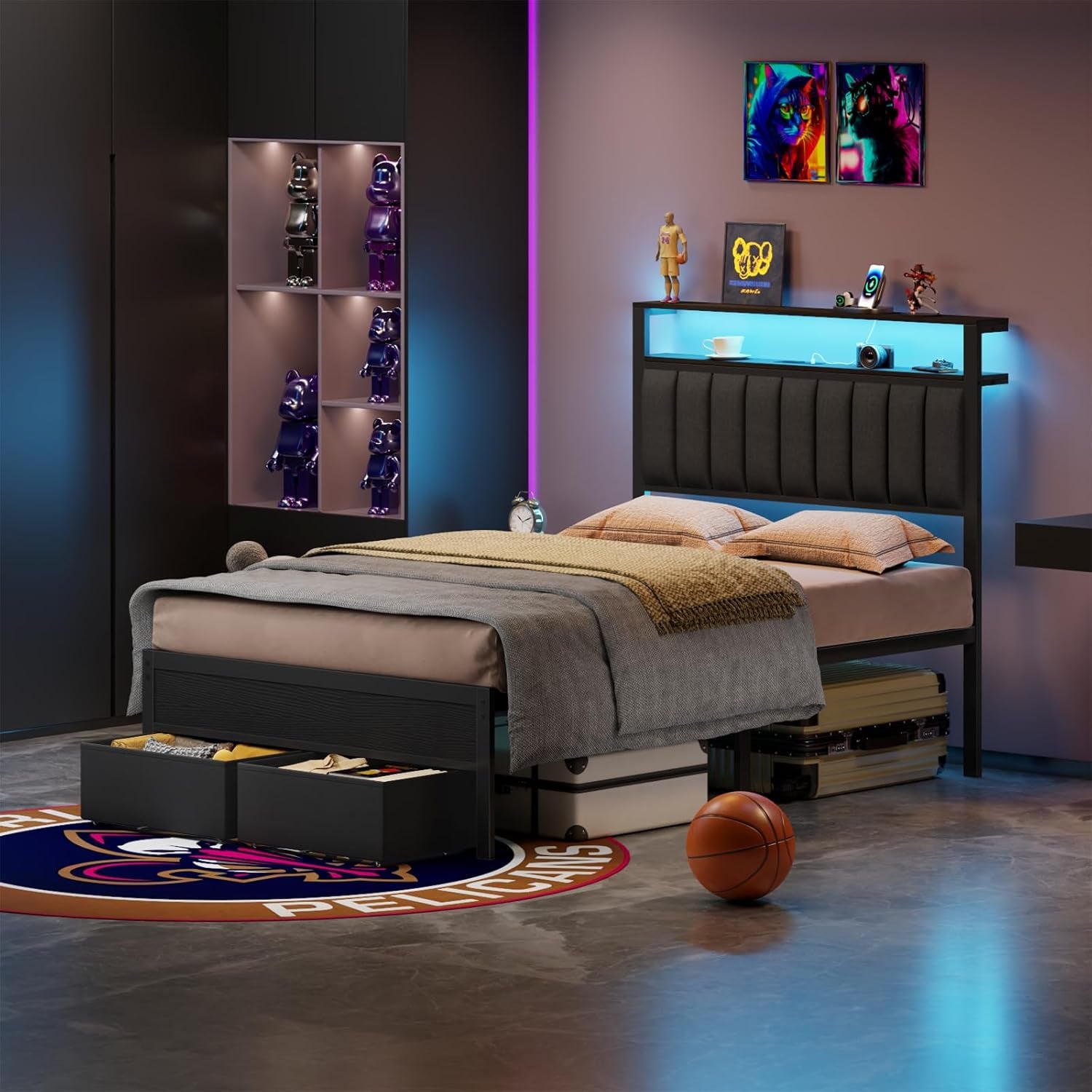 Full Size Bed Frame with Charging Station and LED Lights, Grey Upholstered Headboard with Shelves, Metal Platform Bed with 2 Under-Bed Storage (Fabric Drawer on Wheels), No Box Spring Needed