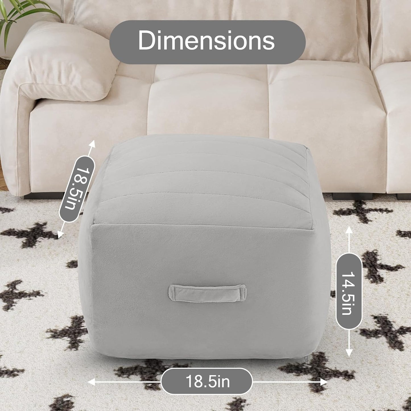 Square Stuffed Pouf Ottoman Foot Rest, Floor Pouf Foot Stool with Foam Chunk Filling, Soft Stuffed Ottoman Footrest for Living Room, Light Grey