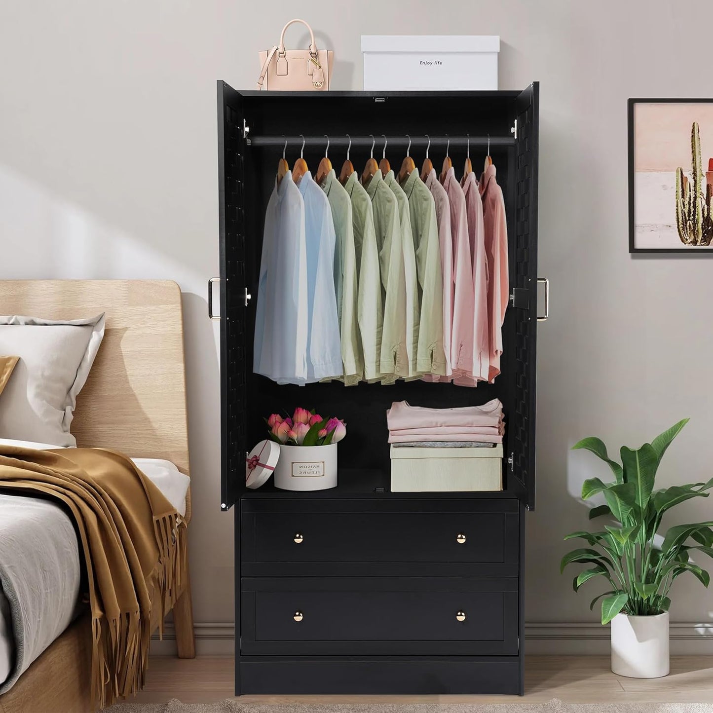 Armoire Wardrobe Closet with 2 Woven Doors, Wardrobe Cabinet with 2 Storage Drawers and Hanging Rail, Freestanding Wooden Closet for Bedroom (Black)