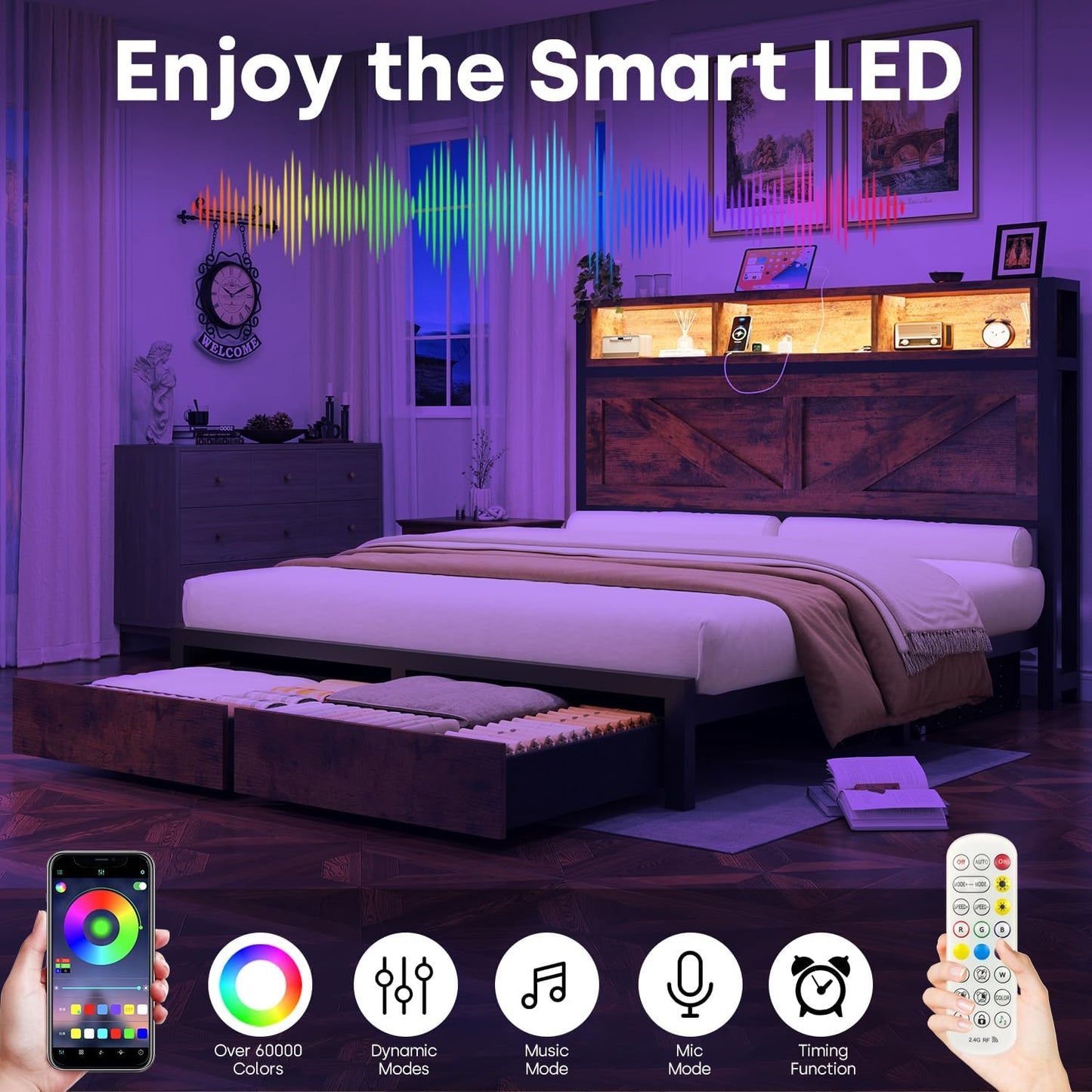 Farmhouse Queen Bed Frame with Bookcase Storage Headboard, Charging Station, LED Light and 2 Storage Drawers, Noise Free, No Box Spring Needed, Brown