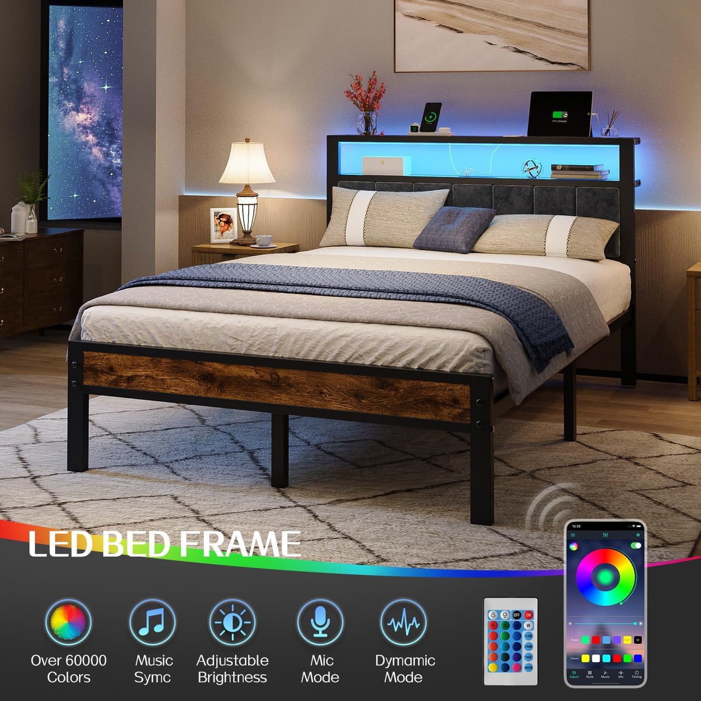 Full Size Platform Bed Frame with LED Lights, Charging Station, Grey Upholstered Headboard with 2-Tier Storage Shelves, Noise Free, No Box Spring Needed
