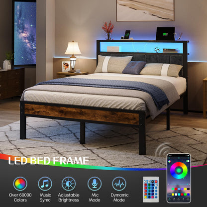 Full Size Platform Bed Frame with LED Lights, Charging Station, Grey Upholstered Headboard with 2-Tier Storage Shelves, Noise Free, No Box Spring Needed