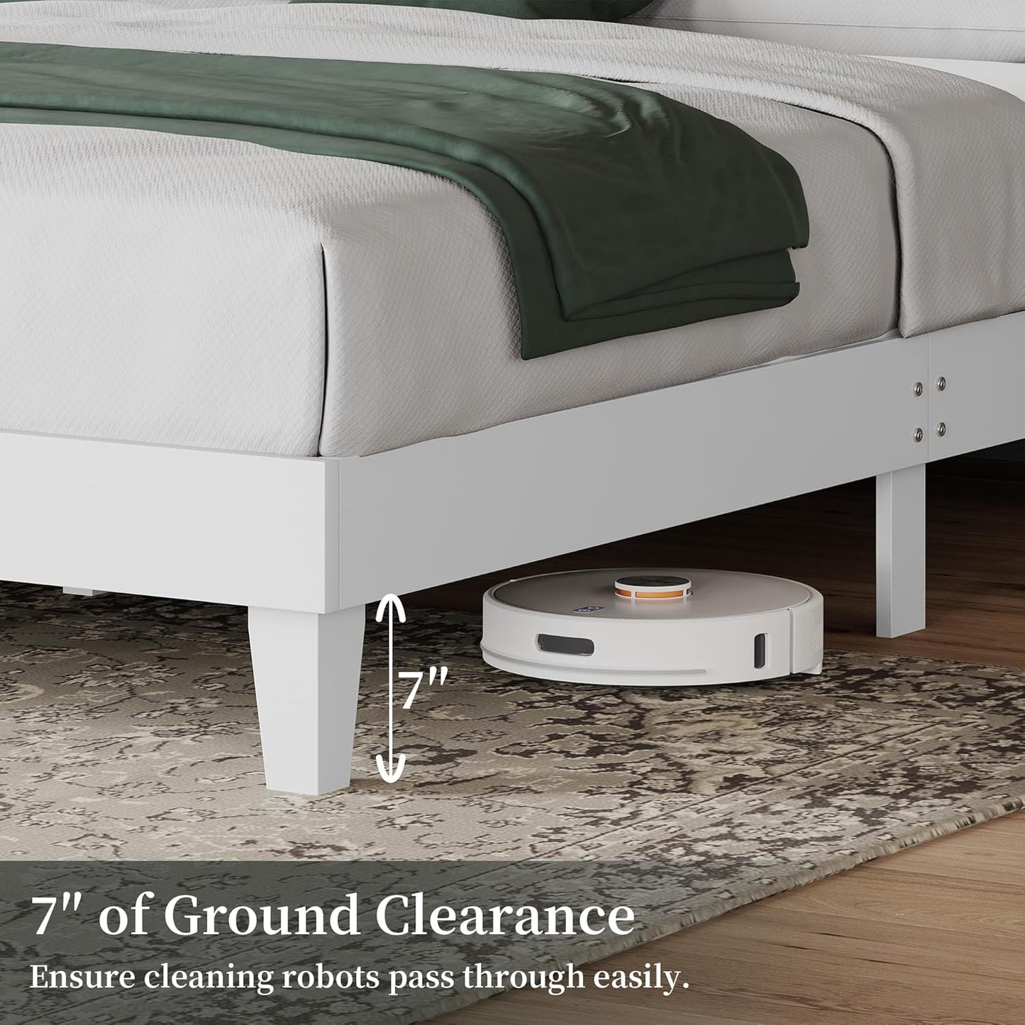 Wood Bed, Rubber Wood Platform Bed Frame with Headboard/Wood Slats, Farmhouse Style, No Box Spring Needed, Mattress Foundation, Noise-Free, Easy Assembly, Queen Size, White