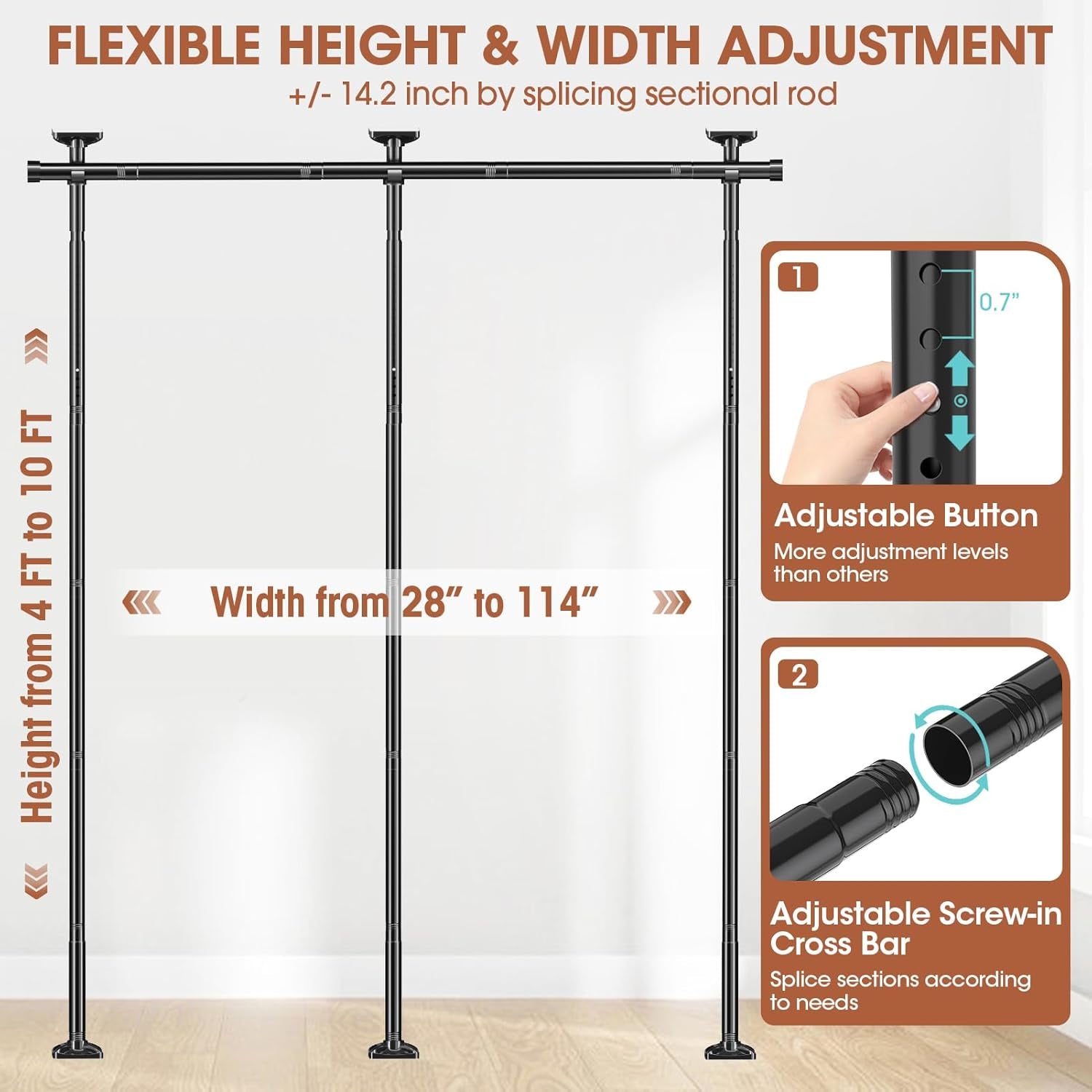 Room Divider No Drilling Curtain Rod Wall Divider for Room Separation, 4-10Ft(H) 28-114Inch(W) Adjustable, Heavy Duty Partition Space Separator Freestanding Tension Curtain Stand, Black