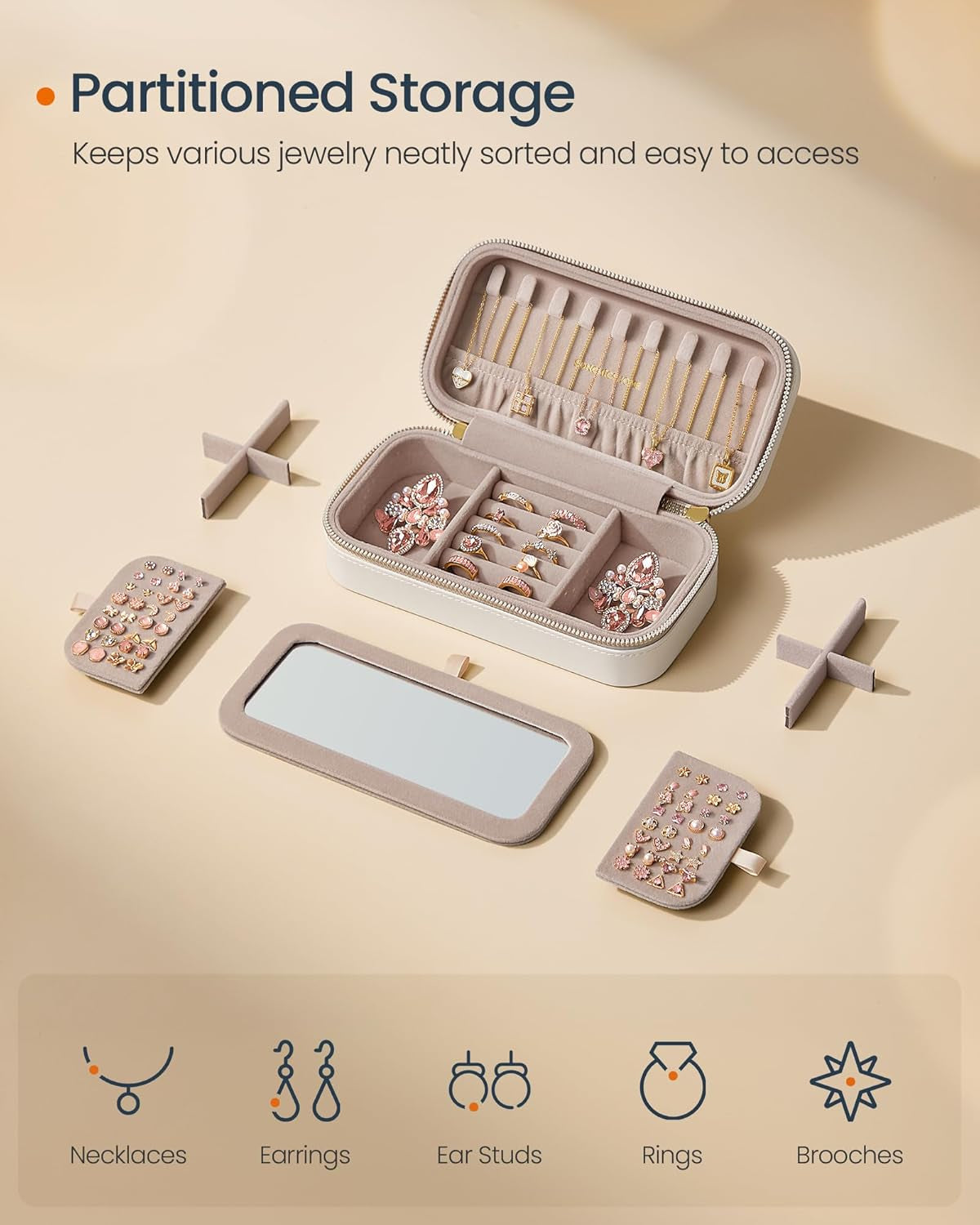 Travel Jewelry Case, Travel Jewelry Box Organizer with Mirror, 4.1 X 8 X 2.4 Inches, Stitching, Portable, Gift Idea, Cloud White UJBC180W01