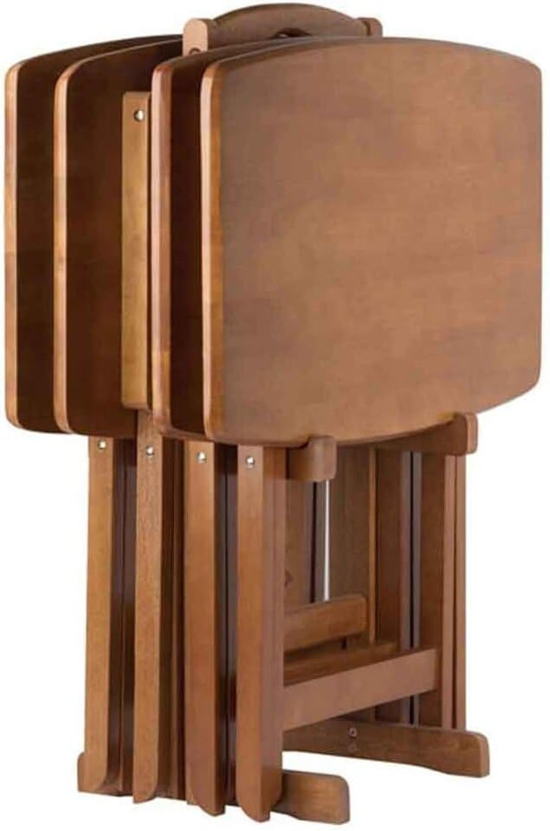 Renaissance Romance 5-Piece Oversize Snack Table Set with Solid Teak Finish, Curved Sides, Rounded Corners, and Sturdy Stand, 23.6" W X 15.75" D X 25.5" H Teak