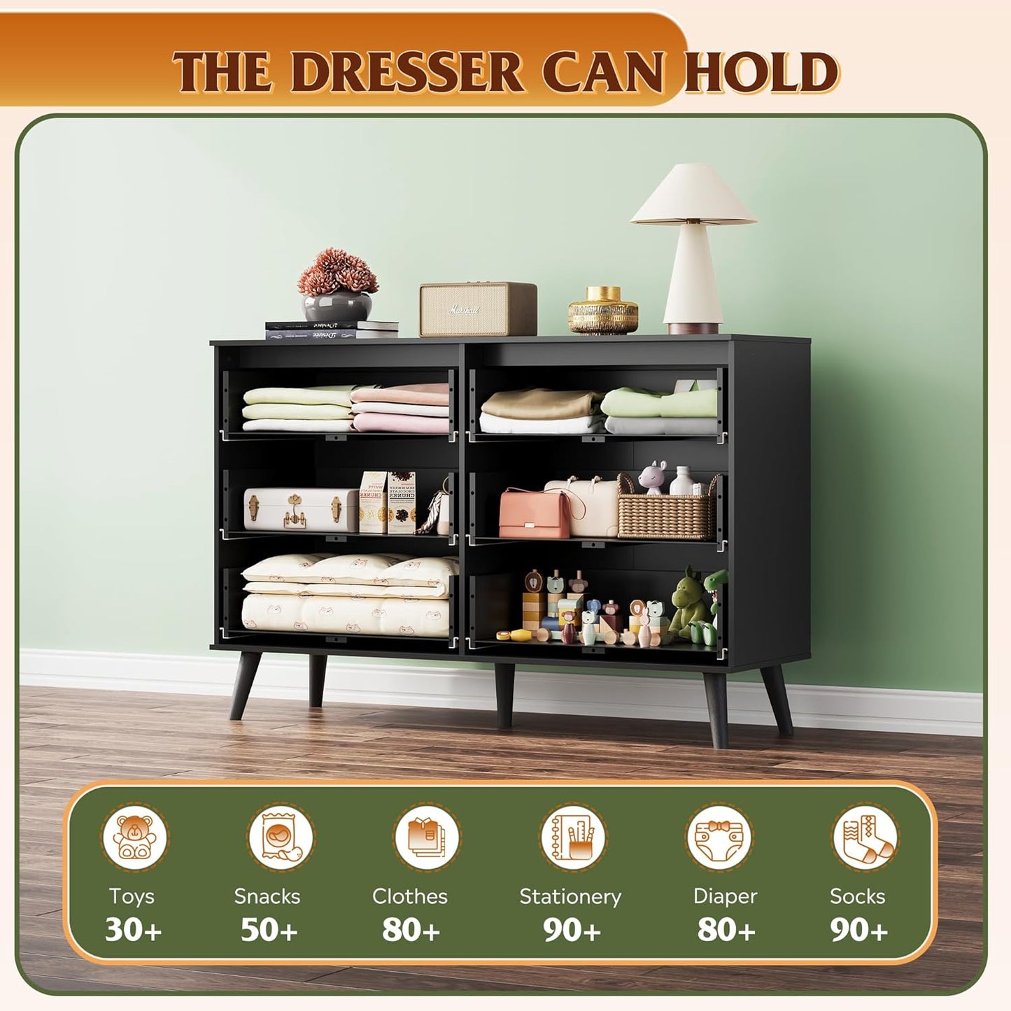 Black Dresser for Bedroom, 47.24'' Wide 6 Drawer Wood Dresser Storage Organizer with Sturdy Metal Handle, TV Stand for 55 Inch TV, Chest of Drawers for Living Room, Hallway, Closet