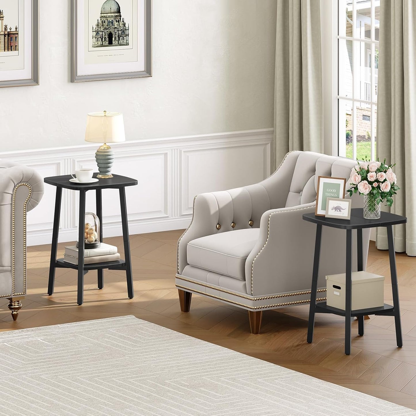 Side Table, 2-Tier Square Sofa End Table, Small Storage Nightstand, for Small Spaces, Living Room Bedroom Accent Table, Black BB181BZ01