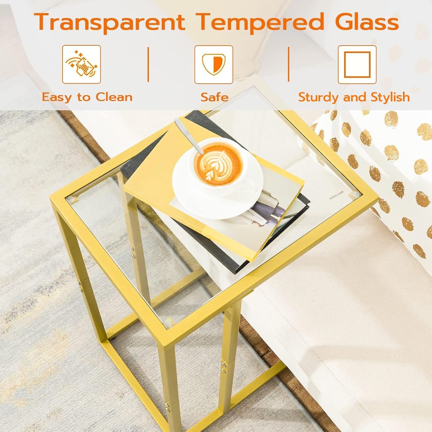 C Shaped End Table, Tempered Glass Snack Side Table with Metal Frame, TV Tray Table for Small Space, Sofa Couch and Bed, Modern Style, Gold GD03SF01G1