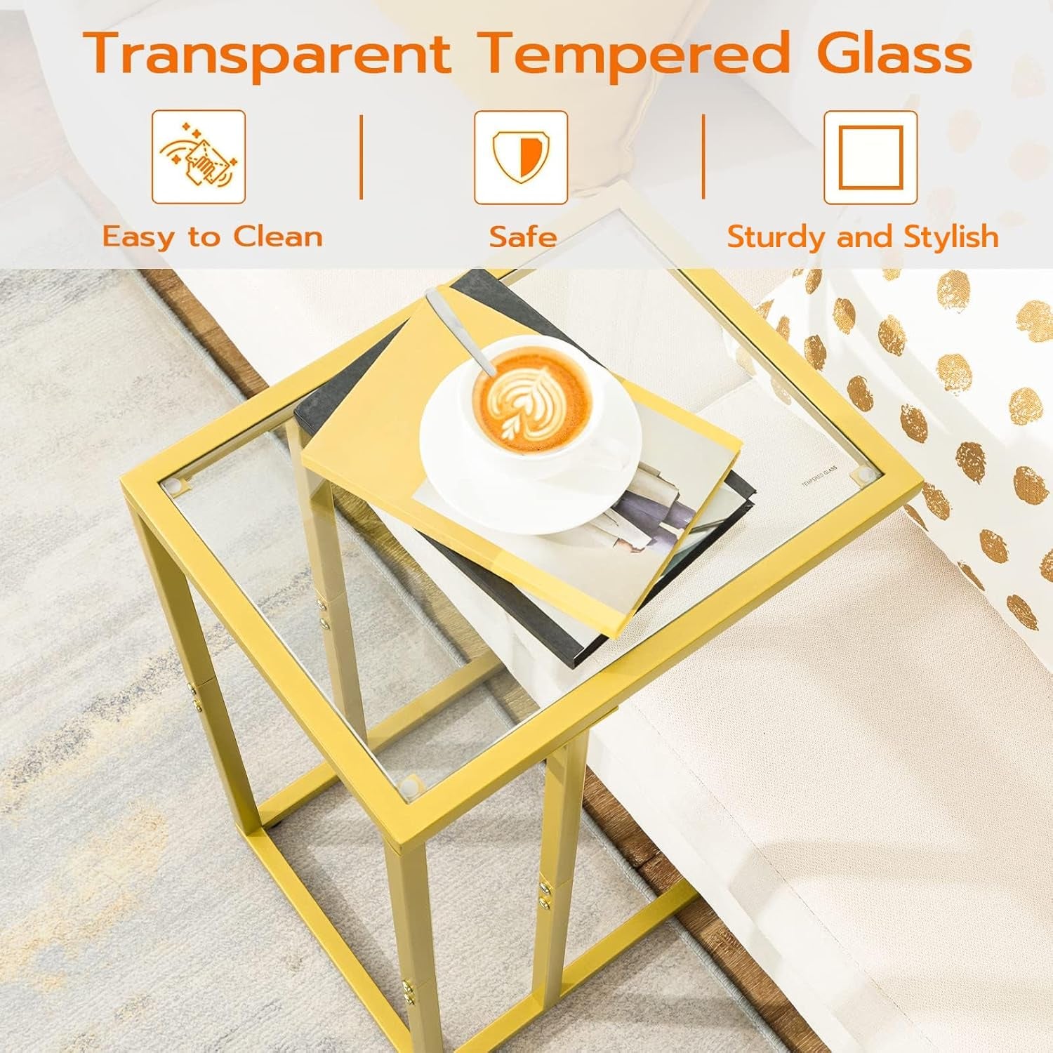 C Shaped End Table, Tempered Glass Snack Side Table with Metal Frame, TV Tray Table for Small Space, Sofa Couch and Bed, Modern Style, Gold GD03SF01G1