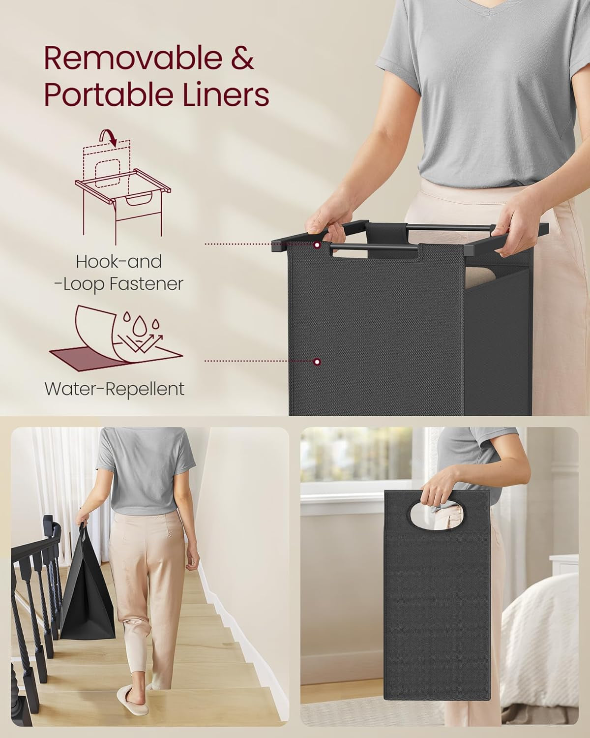 Laundry Sorter, Laundry Hamper 2 Section with Clothes Rack, Pull-Out and Removable Laundry Basket with Shelf, 28.7 X 13 X 69.7 Inches, Rustic Brown and Black UBLH241B01